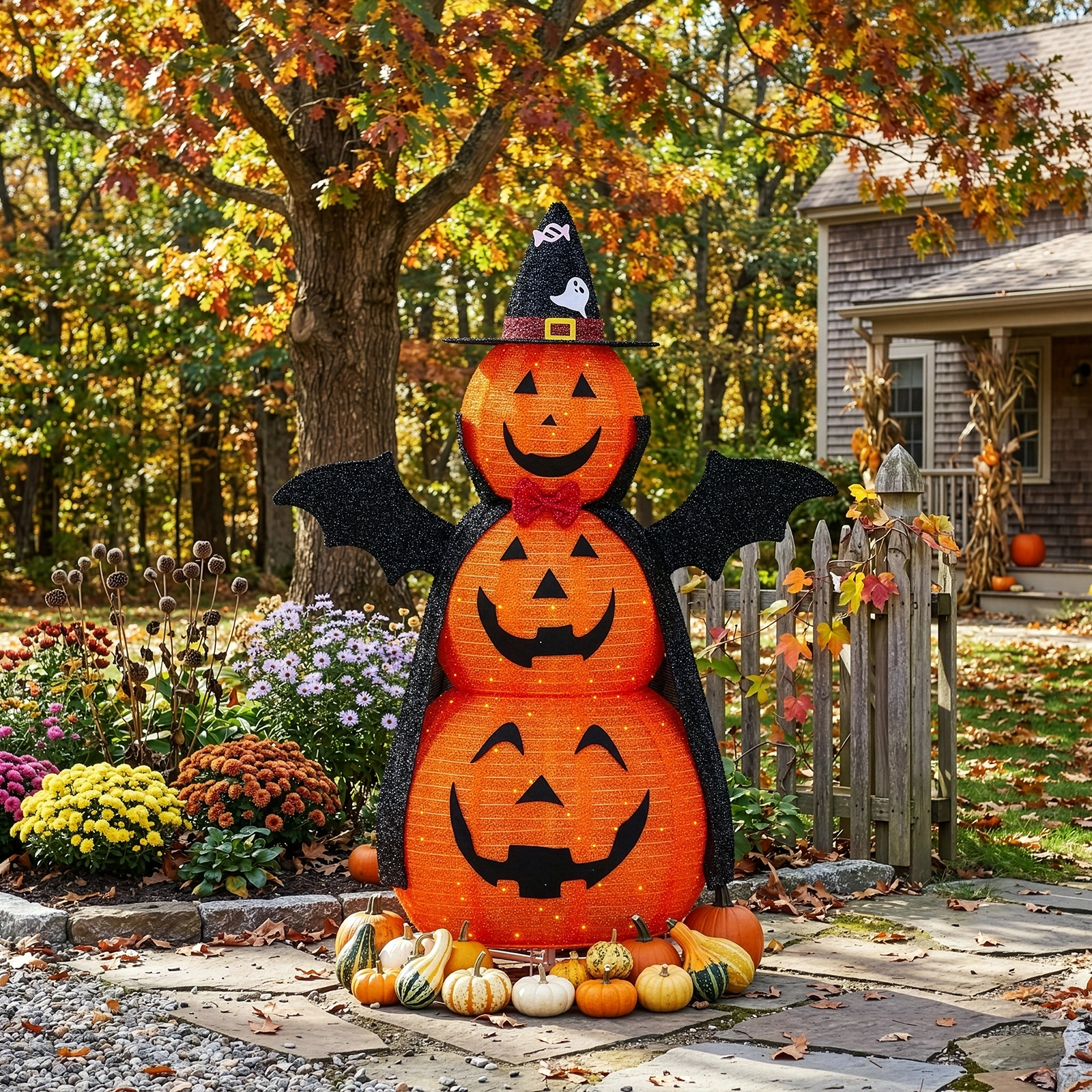 5ft Orange 3-Tier Retractable Fabric Pumpkin Halloween Light Decor with Cape & Wings, 130 Warm White LED String Lights, 4.5V 3.6W view 12