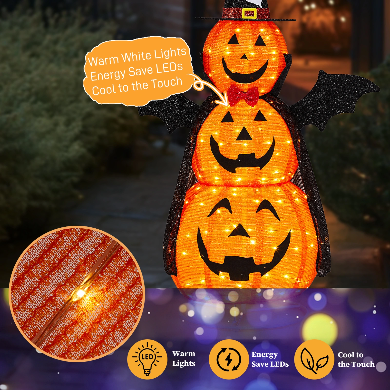 5ft Orange 3-Tier Retractable Fabric Pumpkin Halloween Light Decor with Cape & Wings, 130 Warm White LED String Lights, 4.5V 3.6W view 13