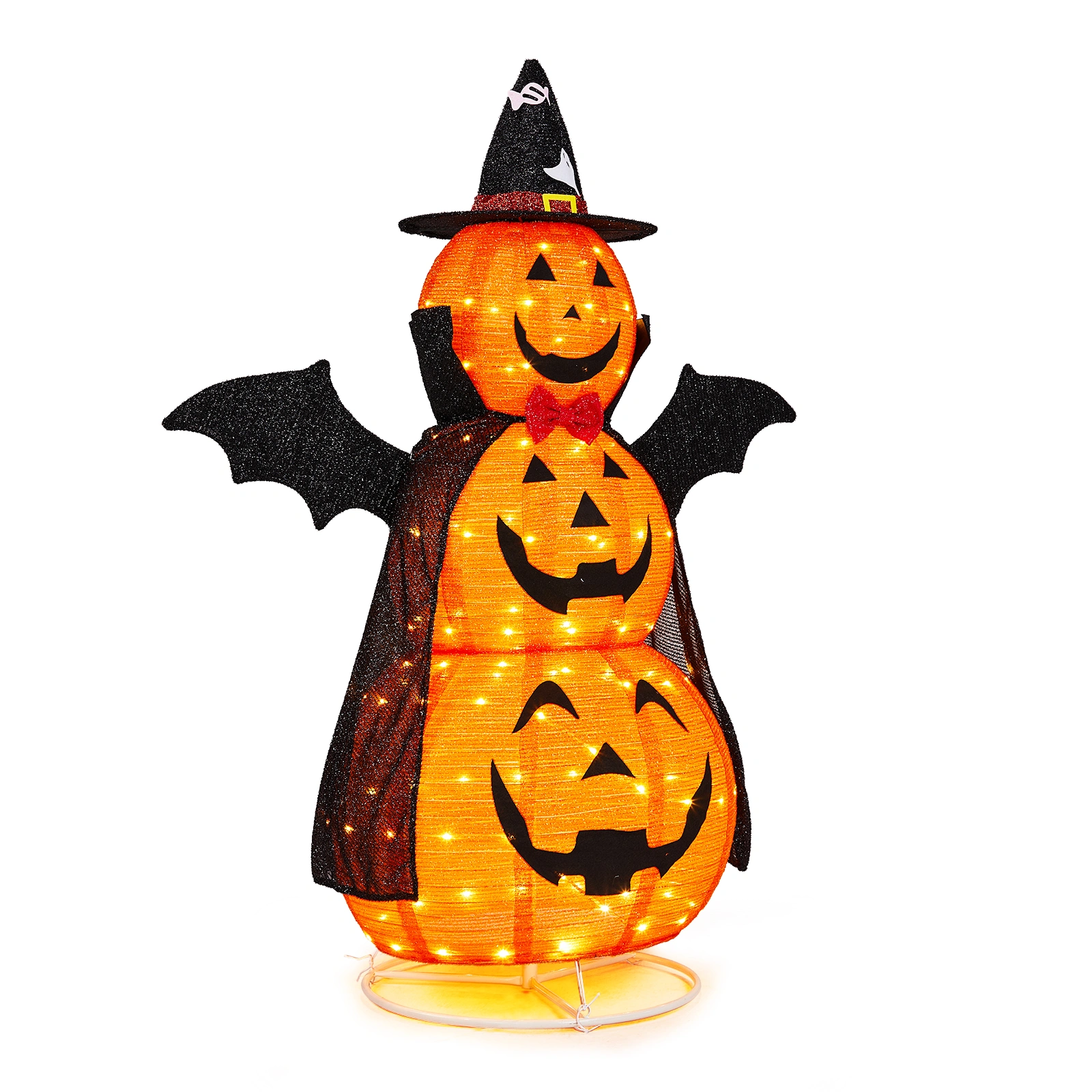5ft Orange 3-Tier Retractable Fabric Pumpkin Halloween Light Decor with Cape & Wings, 130 Warm White LED String Lights, 4.5V 3.6W view 3
