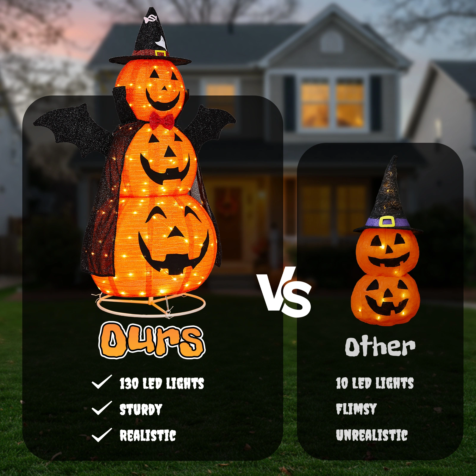 5ft Orange 3-Tier Retractable Fabric Pumpkin Halloween Light Decor with Cape & Wings, 130 Warm White LED String Lights, 4.5V 3.6W view 9