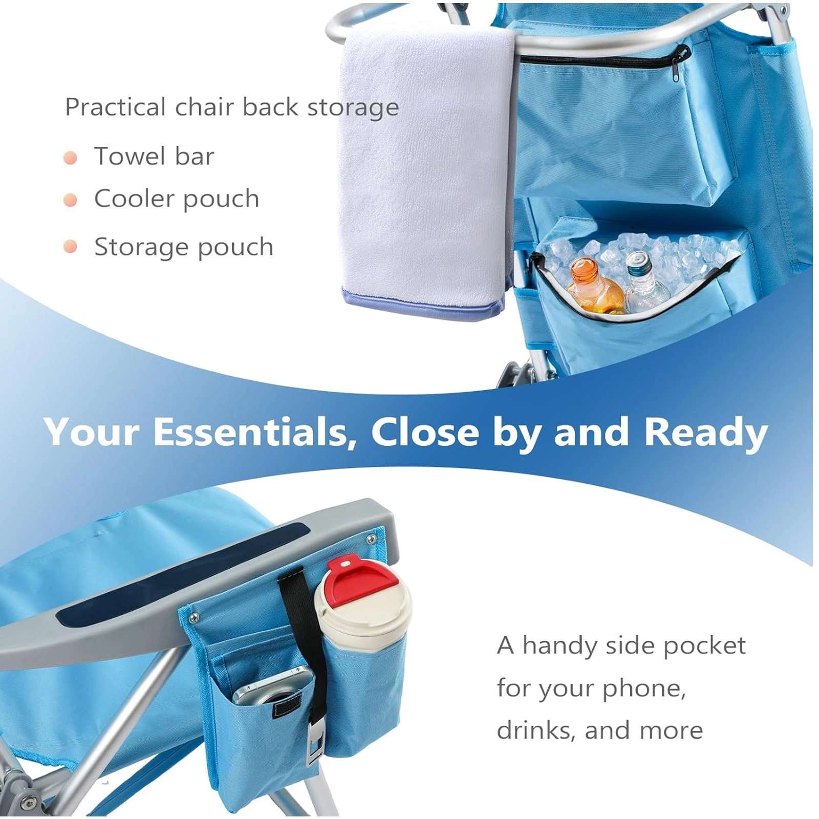 5-Position Adjustable Backpack Beach Chair with Storage Bag, Cooler Pouch & Side Bags - Ideal for Beach, Pool, Lawn view 4