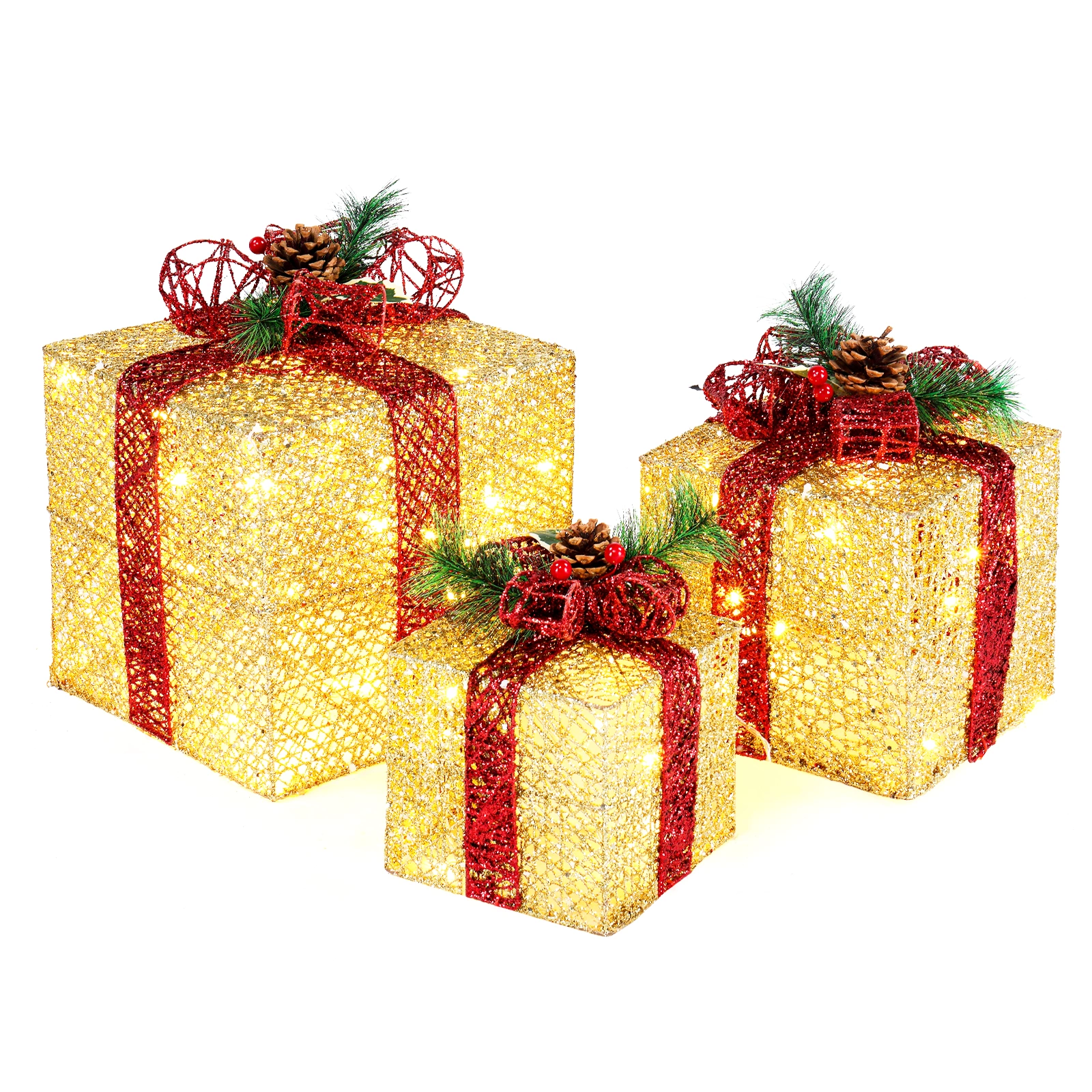 3pcs Golden Gift Boxes 10"+8"+6" with 5M UK Power Cord for Garden Decor