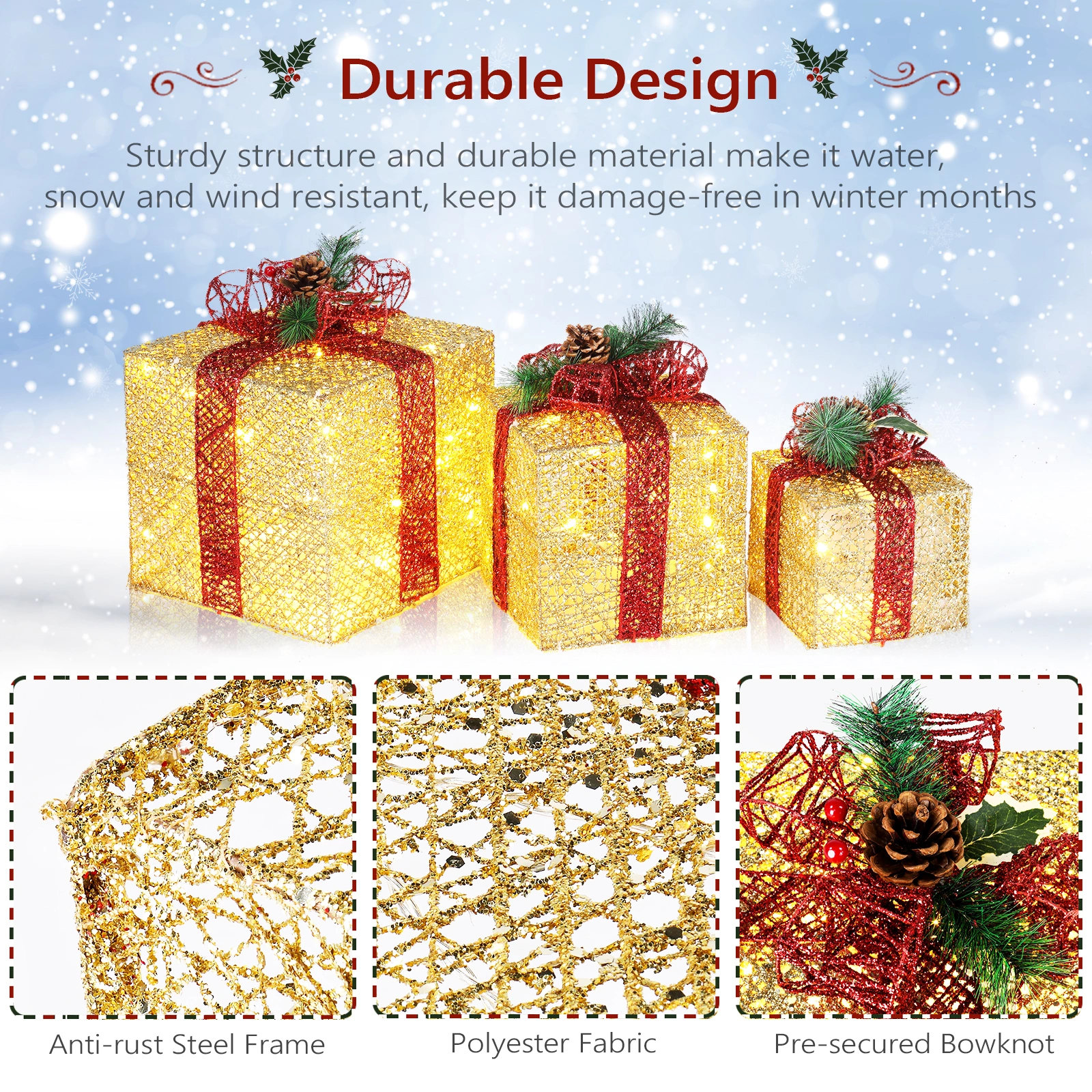 3pcs Golden Gift Boxes 10"+8"+6" with 5M UK Power Cord for Garden Decor view 2