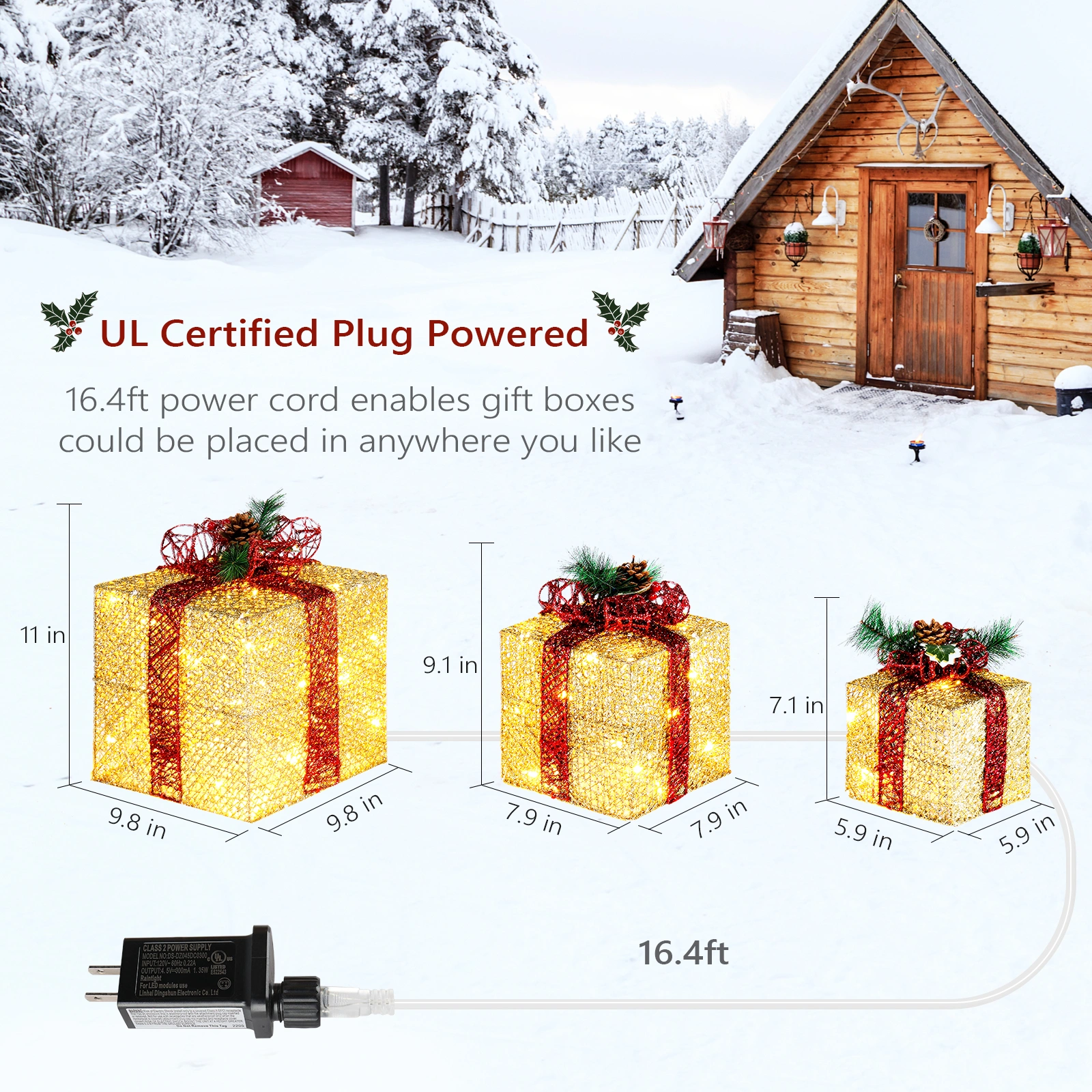 3pcs Golden Gift Boxes 10"+8"+6" with 5M UK Power Cord for Garden Decor view 3