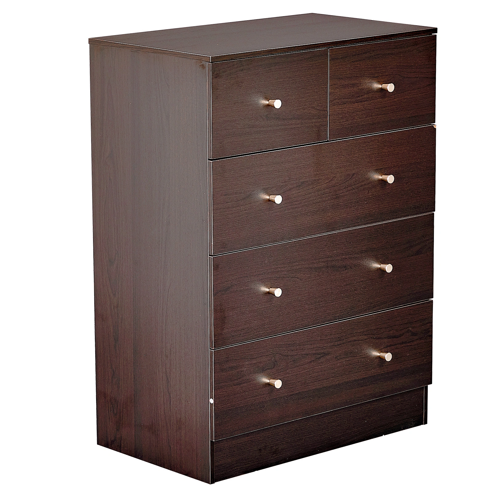 Brown particleboard with melamine laminate finish, 66*40*91cm, 3+2 drawers, chest of drawers with matte gold handles view 10