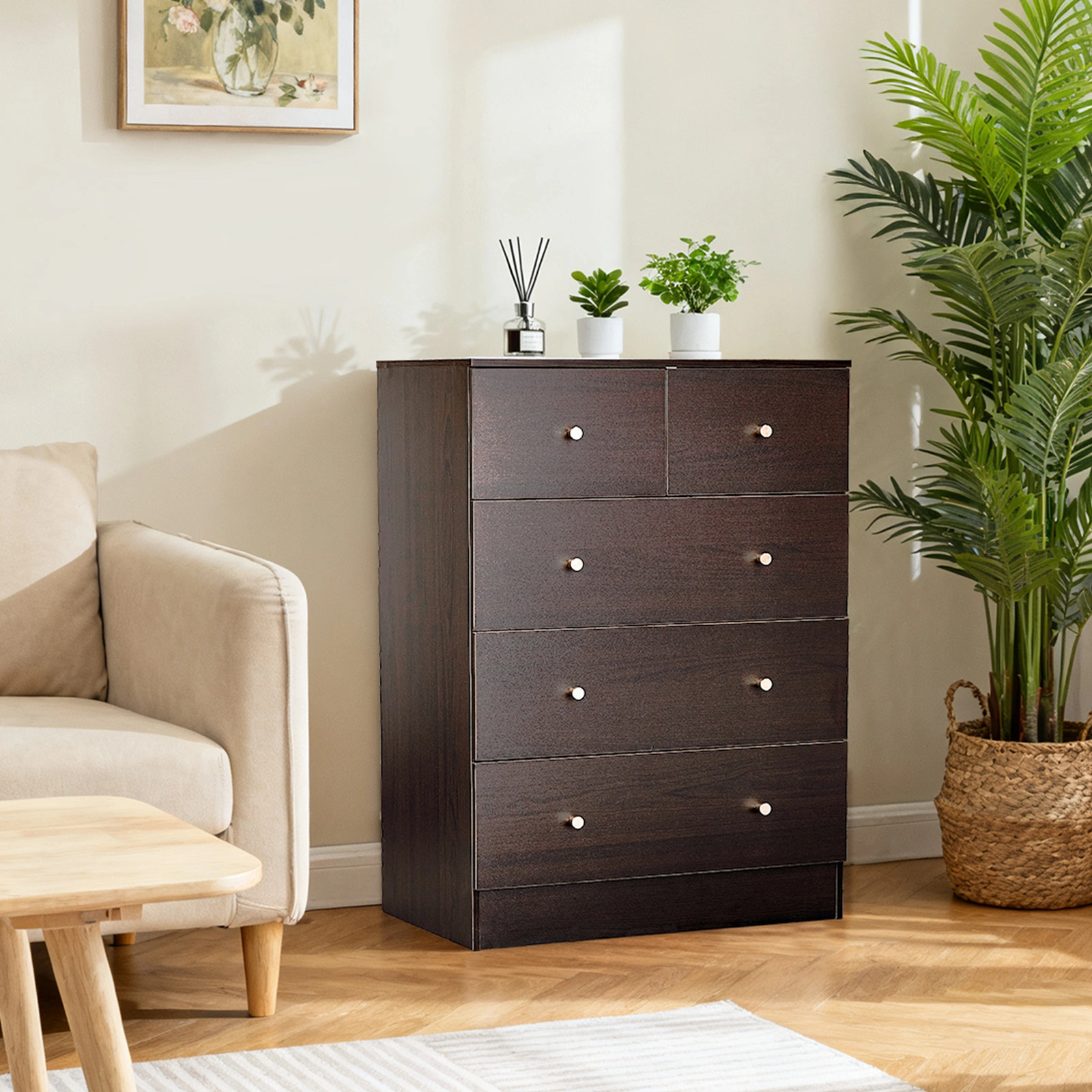 Brown particleboard with melamine laminate finish, 66*40*91cm, 3+2 drawers, chest of drawers with matte gold handles view 7