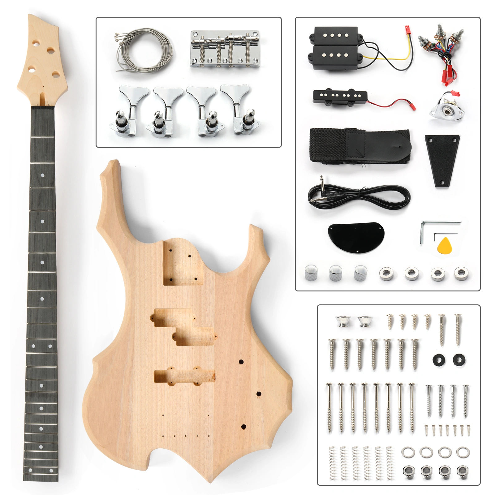 DIY 4 String Flame Shaped Style Electric Bass Guitar Kits with Mahogany Body, Maple Neck and Accessories view 14