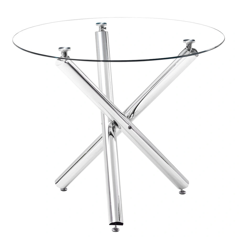 90*90*75cm Round Glass Dining Table Transparent Glass Table Leg Cross Design