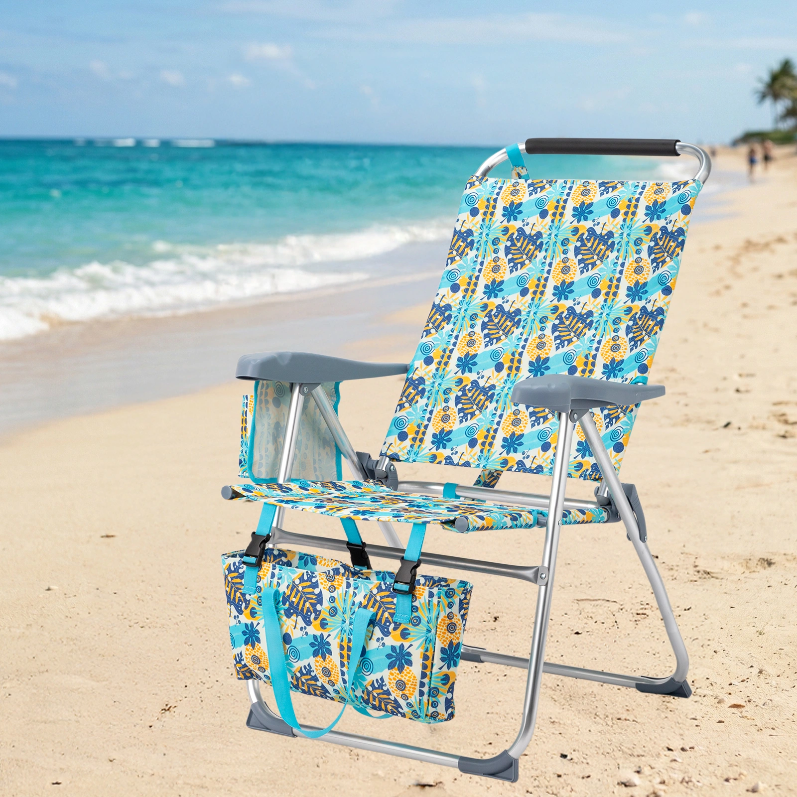 17 Inch Seat Height Beach Chair for Adults, Folding Portable Camping Chair with Headrest, Cup Holder, Side Pocket & Bottom Storage Bag, 7-Position Adjustable Aluminum Beach Chair, Heavy Duty 265 LBS Capacity, Oxford Fabric for Beach, Patio, Pool, Vin view 19