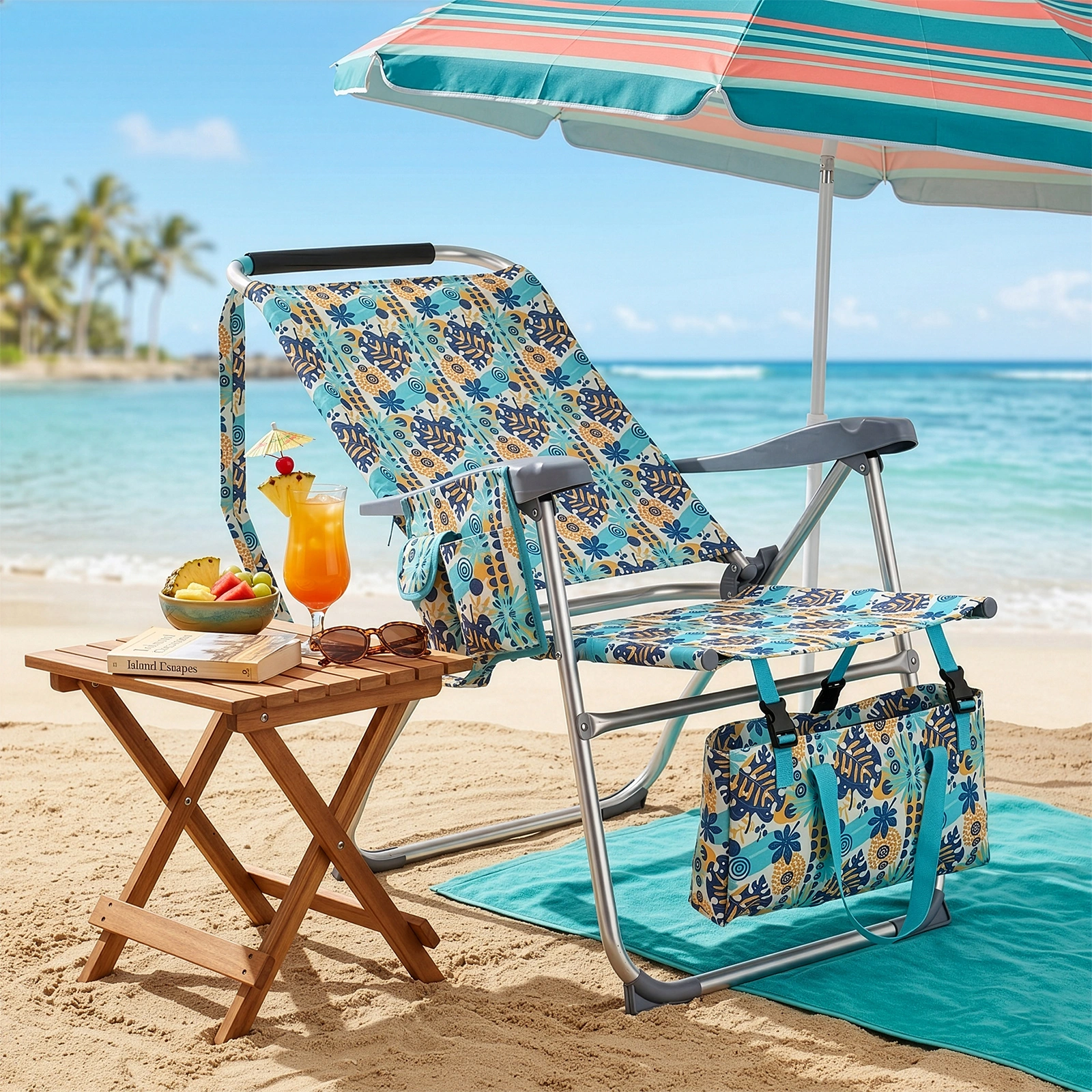 17 Inch Seat Height Beach Chair for Adults, Folding Portable Camping Chair with Headrest, Cup Holder, Side Pocket & Bottom Storage Bag, 7-Position Adjustable Aluminum Beach Chair, Heavy Duty 265 LBS Capacity, Oxford Fabric for Beach, Patio, Pool, Vin view 26