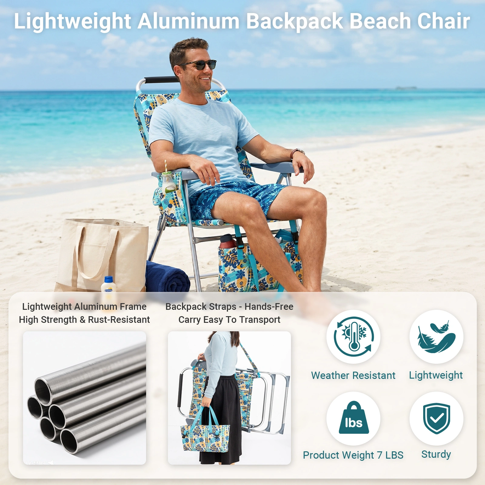 17 Inch Seat Height Beach Chair for Adults, Folding Portable Camping Chair with Headrest, Cup Holder, Side Pocket & Bottom Storage Bag, 7-Position Adjustable Aluminum Beach Chair, Heavy Duty 265 LBS Capacity, Oxford Fabric for Beach, Patio, Pool, Vin view 4