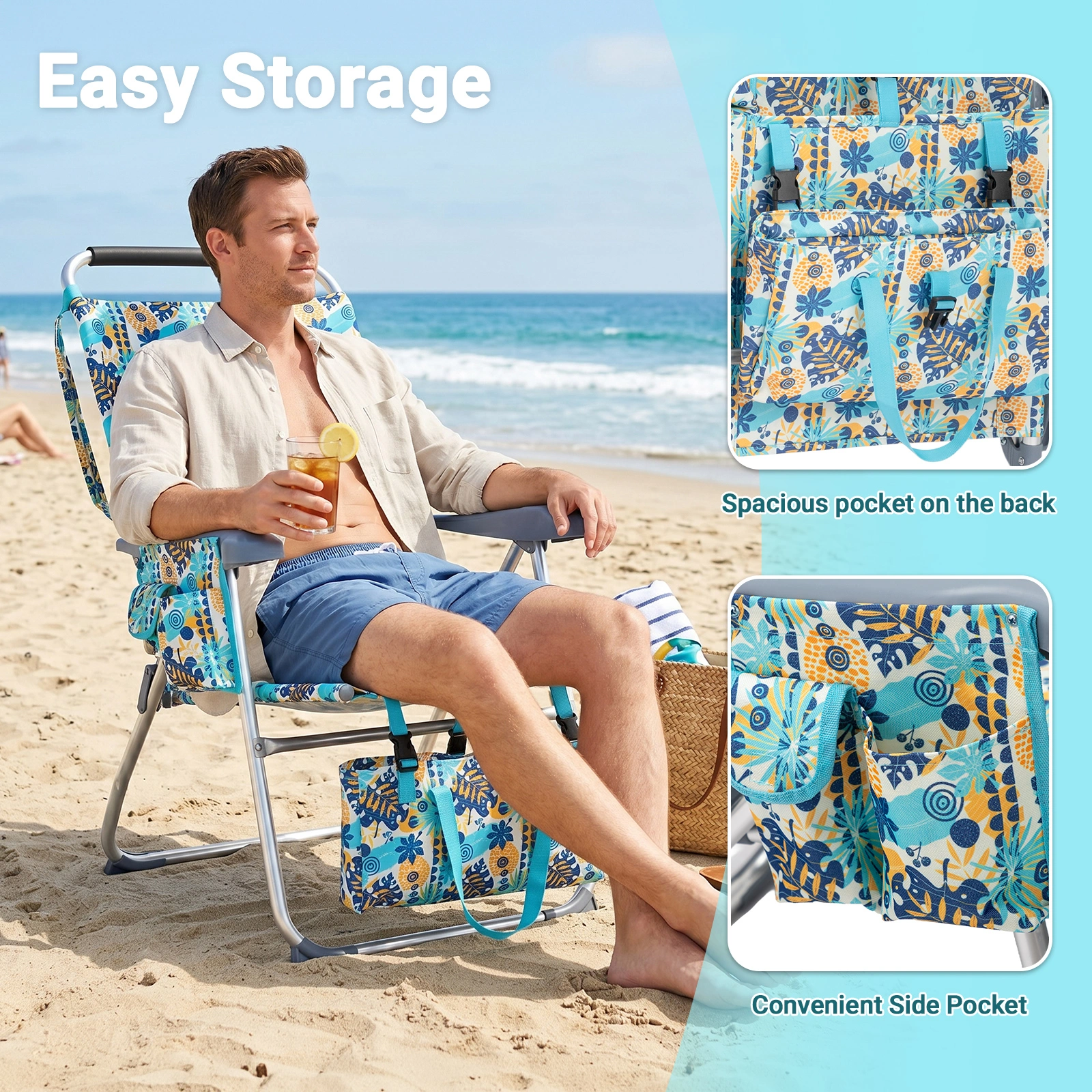17 Inch Seat Height Beach Chair for Adults, Folding Portable Camping Chair with Headrest, Cup Holder, Side Pocket & Bottom Storage Bag, 7-Position Adjustable Aluminum Beach Chair, Heavy Duty 265 LBS Capacity, Oxford Fabric for Beach, Patio, Pool, Vin view 5