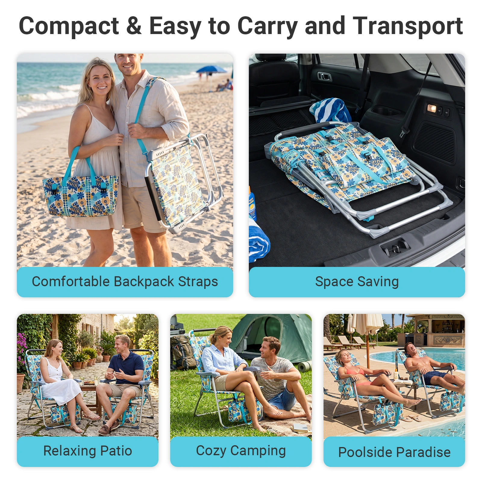 17 Inch Seat Height Beach Chair for Adults, Folding Portable Camping Chair with Headrest, Cup Holder, Side Pocket & Bottom Storage Bag, 7-Position Adjustable Aluminum Beach Chair, Heavy Duty 265 LBS Capacity, Oxford Fabric for Beach, Patio, Pool, Vin view 7