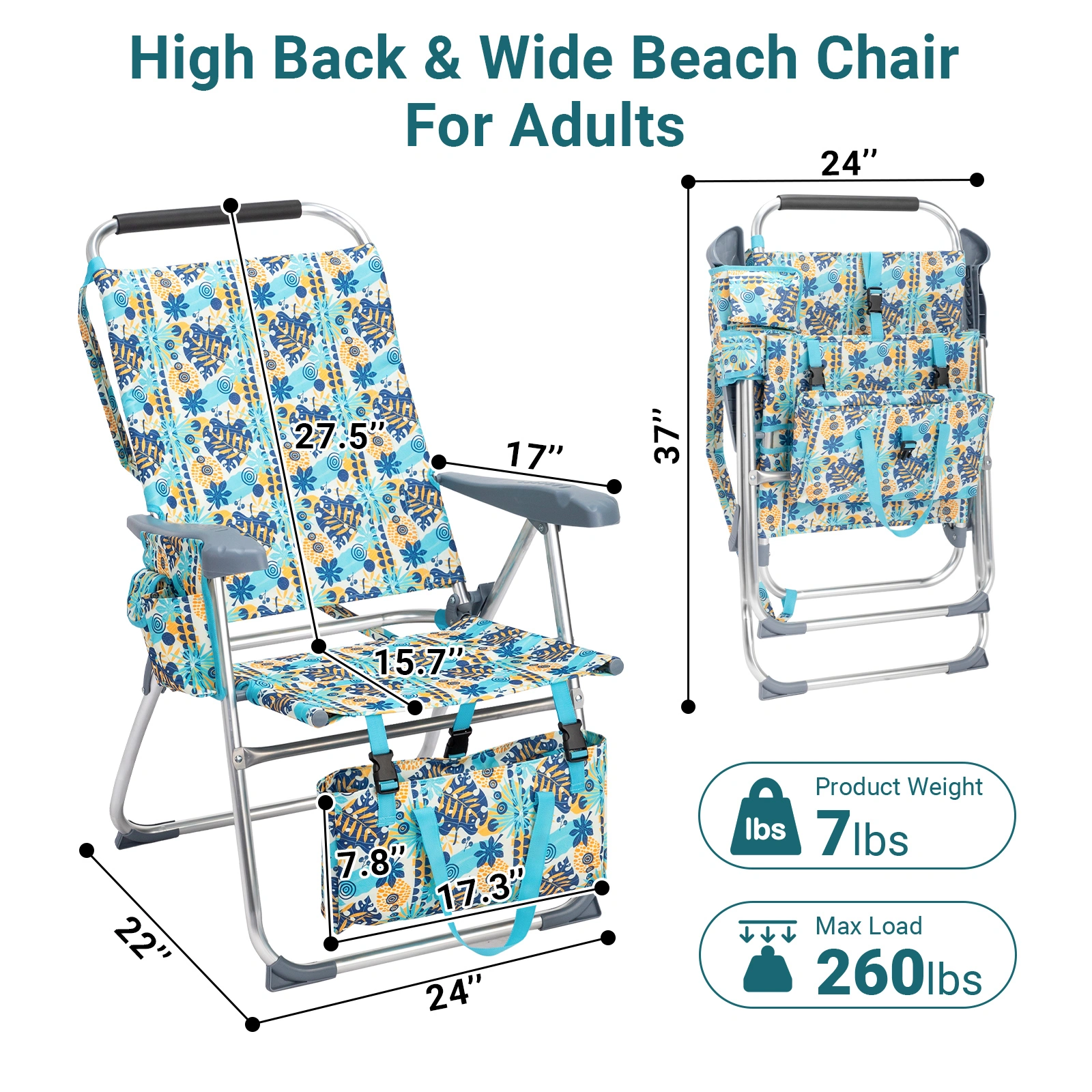 17 Inch Seat Height Beach Chair for Adults, Folding Portable Camping Chair with Headrest, Cup Holder, Side Pocket & Bottom Storage Bag, 7-Position Adjustable Aluminum Beach Chair, Heavy Duty 265 LBS Capacity, Oxford Fabric for Beach, Patio, Pool, Vin view 8