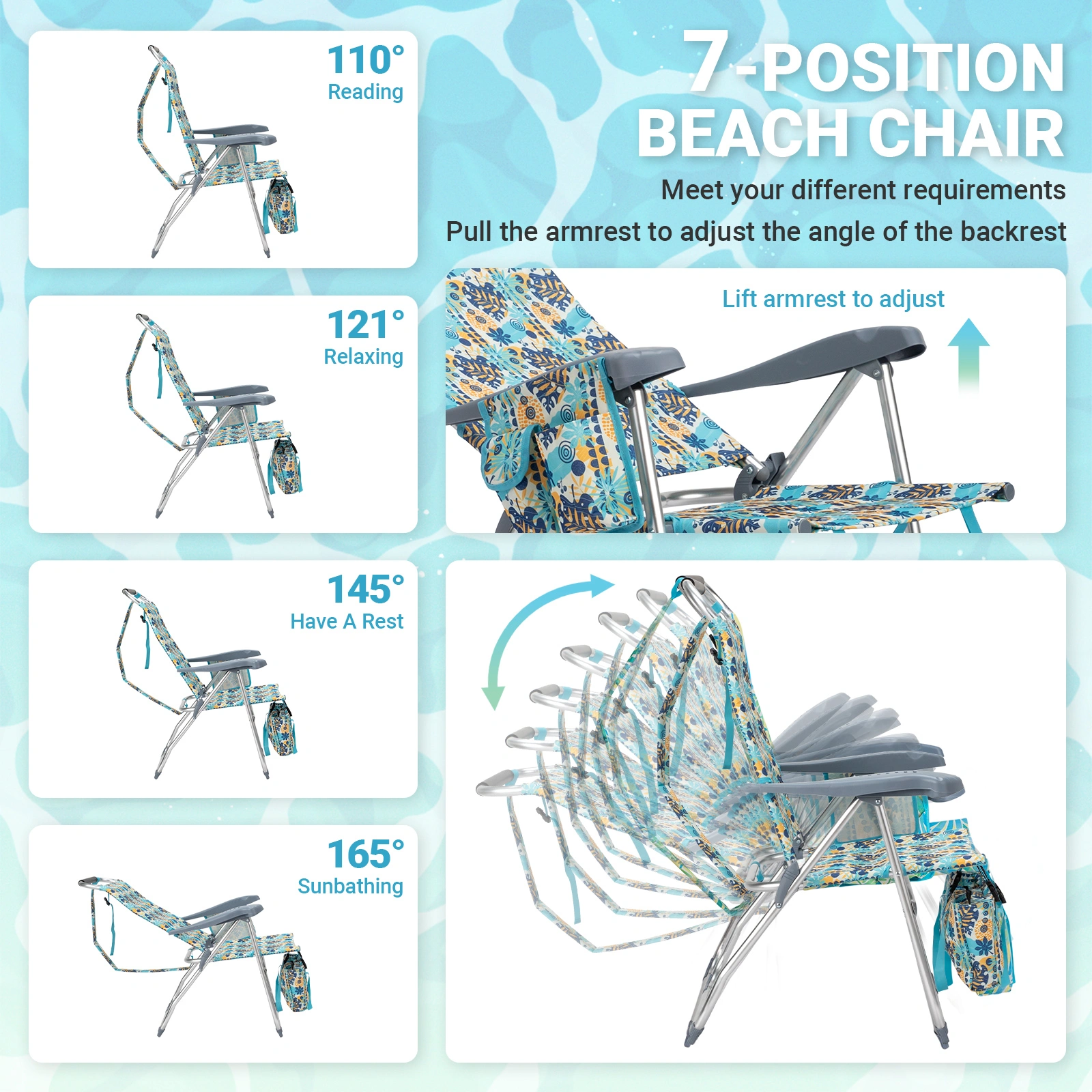 17 Inch Seat Height Beach Chair for Adults, Folding Portable Camping Chair with Headrest, Cup Holder, Side Pocket & Bottom Storage Bag, 7-Position Adjustable Aluminum Beach Chair, Heavy Duty 265 LBS Capacity, Oxford Fabric for Beach, Patio, Pool, Vin view 9
