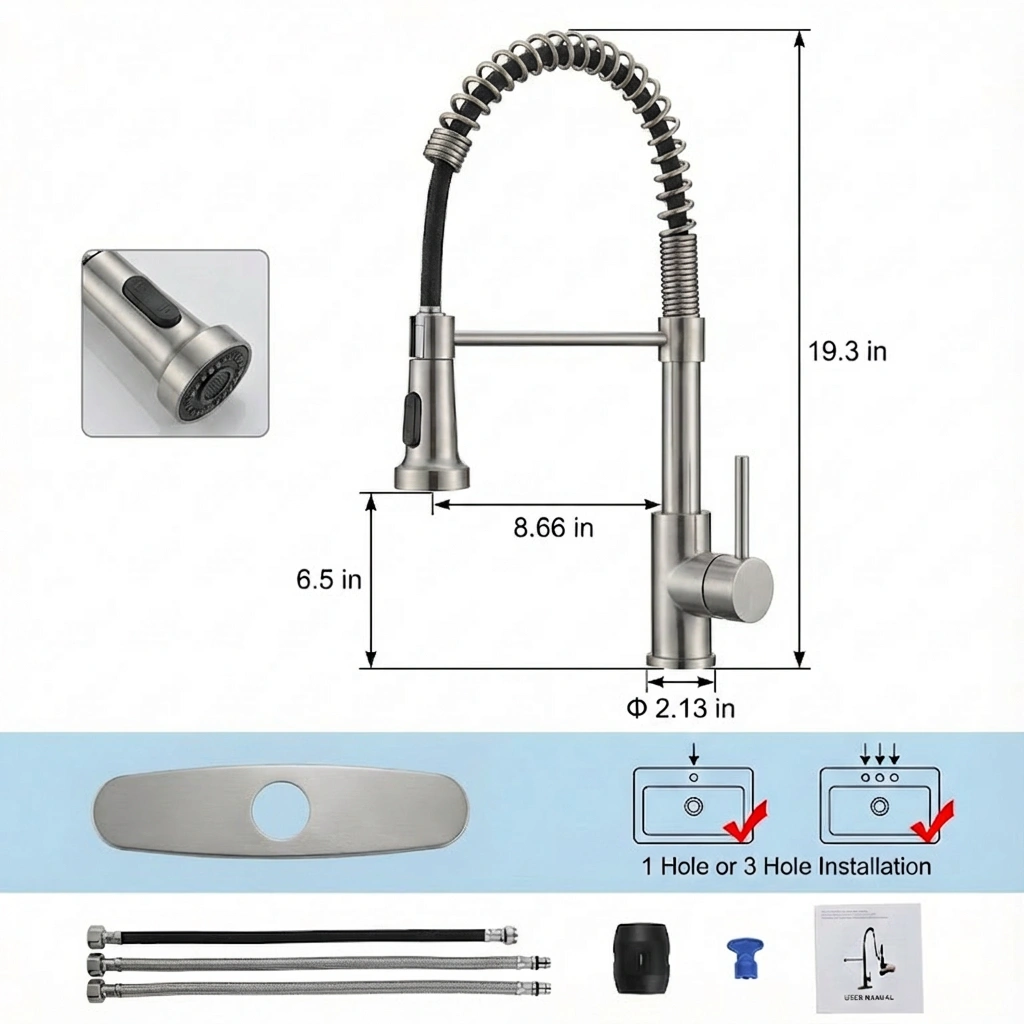 Industrial Kitchen Faucet with Pull Down Sprayer, 1-Handle Single or 3-Hole Mount, for Farmhouse Camper Laundry RV Wet Bar Sink view 10