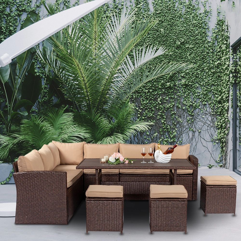 Outdoor 8-Piece Rattan Dining Set Brown Wood Grain, Khaki Cushion Chairs & Plastic Wood Table, 4 Boxes, Package-1 view 2
