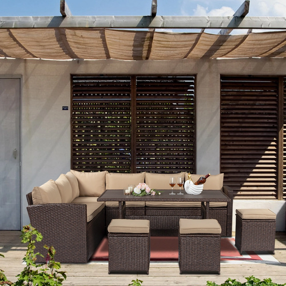 Outdoor 8-Piece Rattan Dining Set Brown Wood Grain, Khaki Cushion Chairs & Plastic Wood Table, 4 Boxes, Package-1 view 3