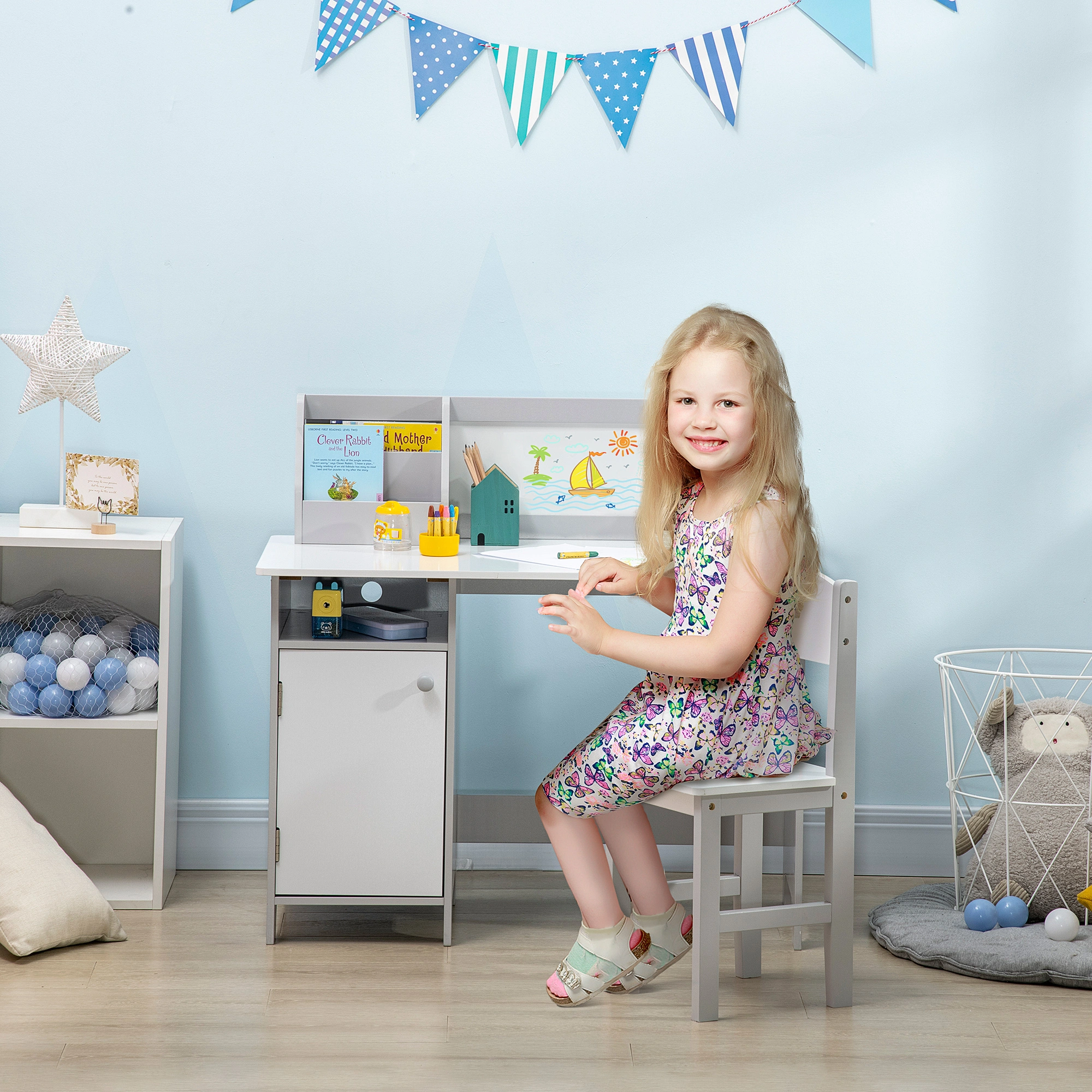 Kids Desk and Chair Set for Boys Girls, Height Adjustable Study Table and Stool, Wooden Learning Station for Toddlers, Grey