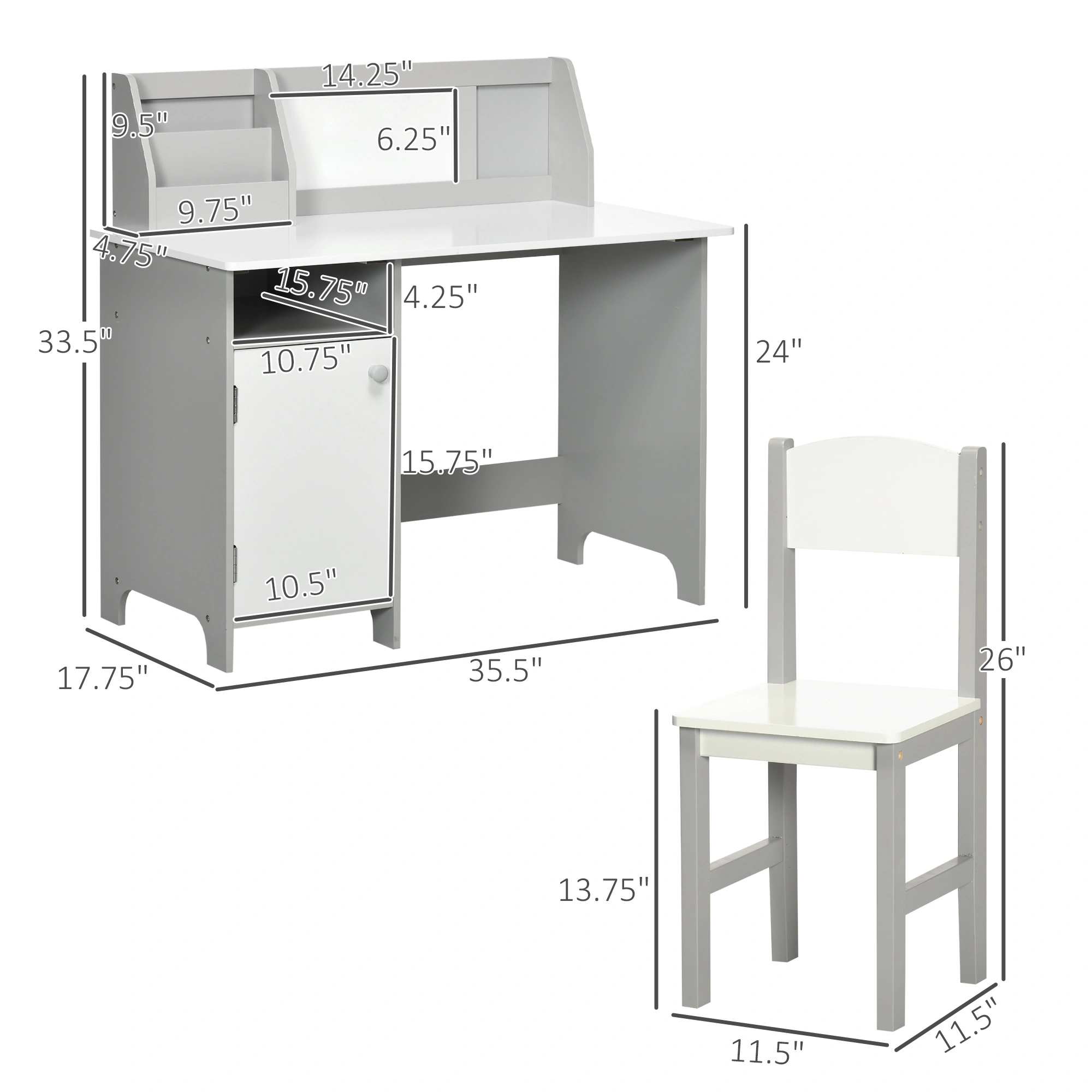 Kids Desk and Chair Set for Boys Girls, Height Adjustable Study Table and Stool, Wooden Learning Station for Toddlers, Grey view 2