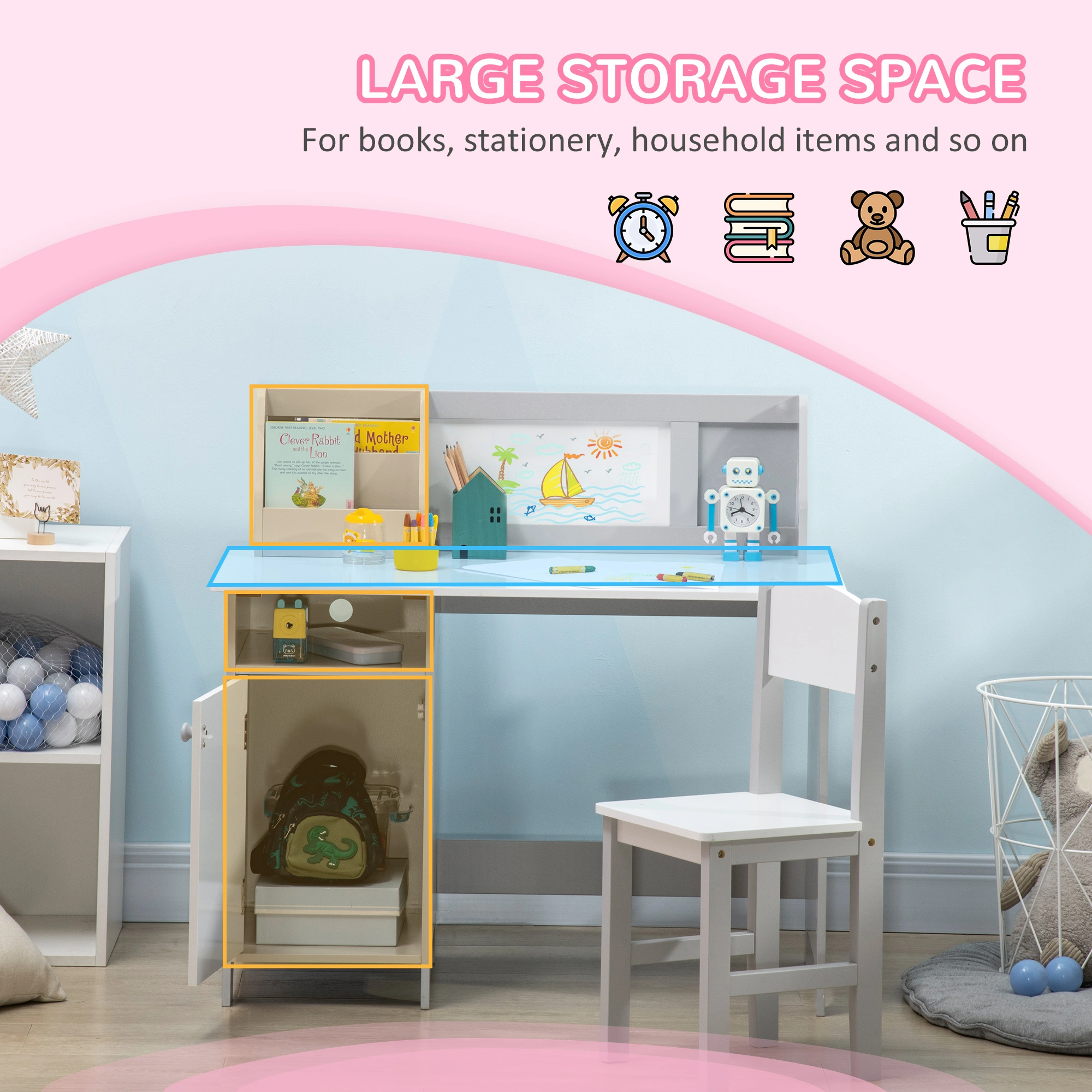 Kids Desk and Chair Set for Boys Girls, Height Adjustable Study Table and Stool, Wooden Learning Station for Toddlers, Grey view 3