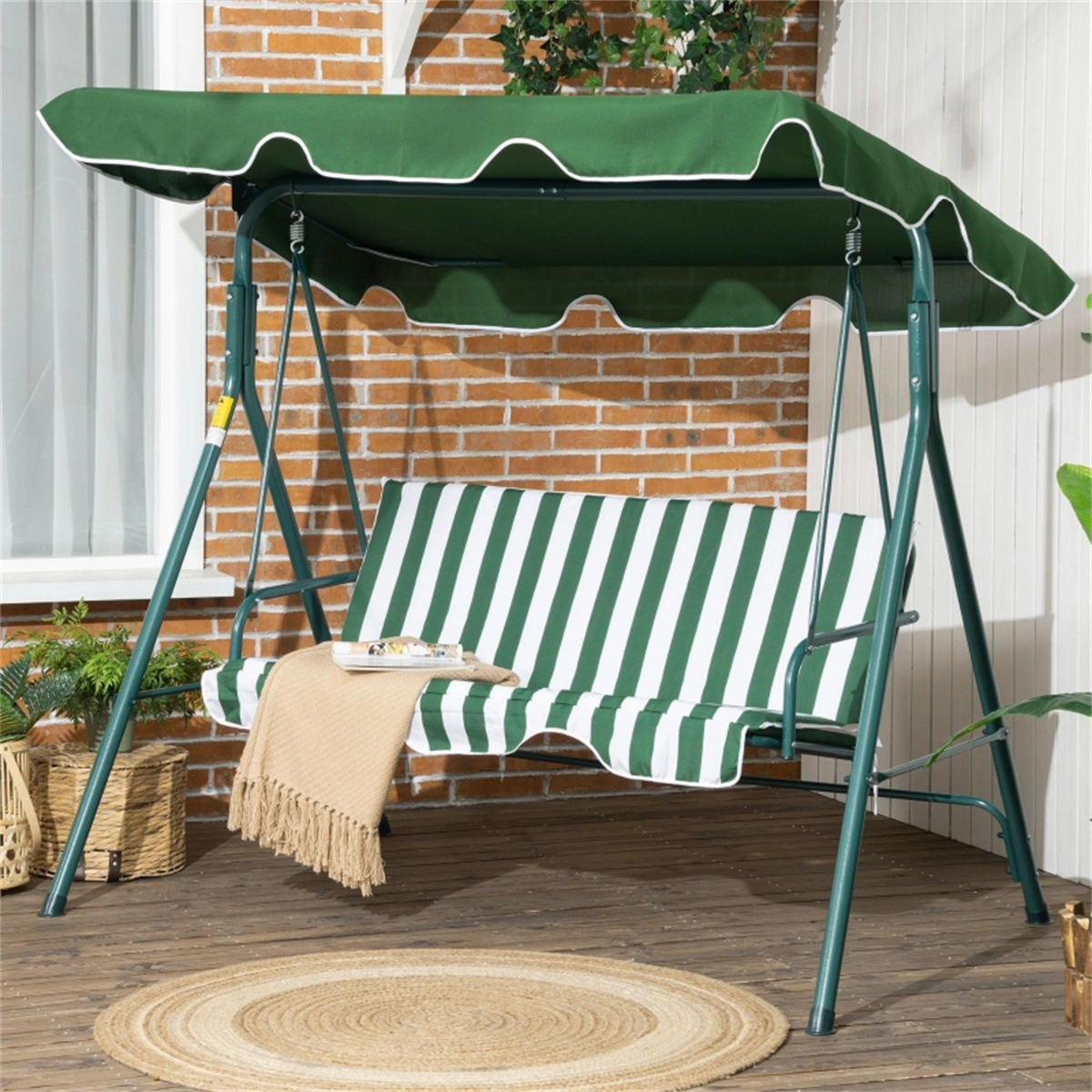 3-Seat Outdoor Patio Swing Chair with Canopy, Garden Wicker Hanging Chair with Cushions - Green
