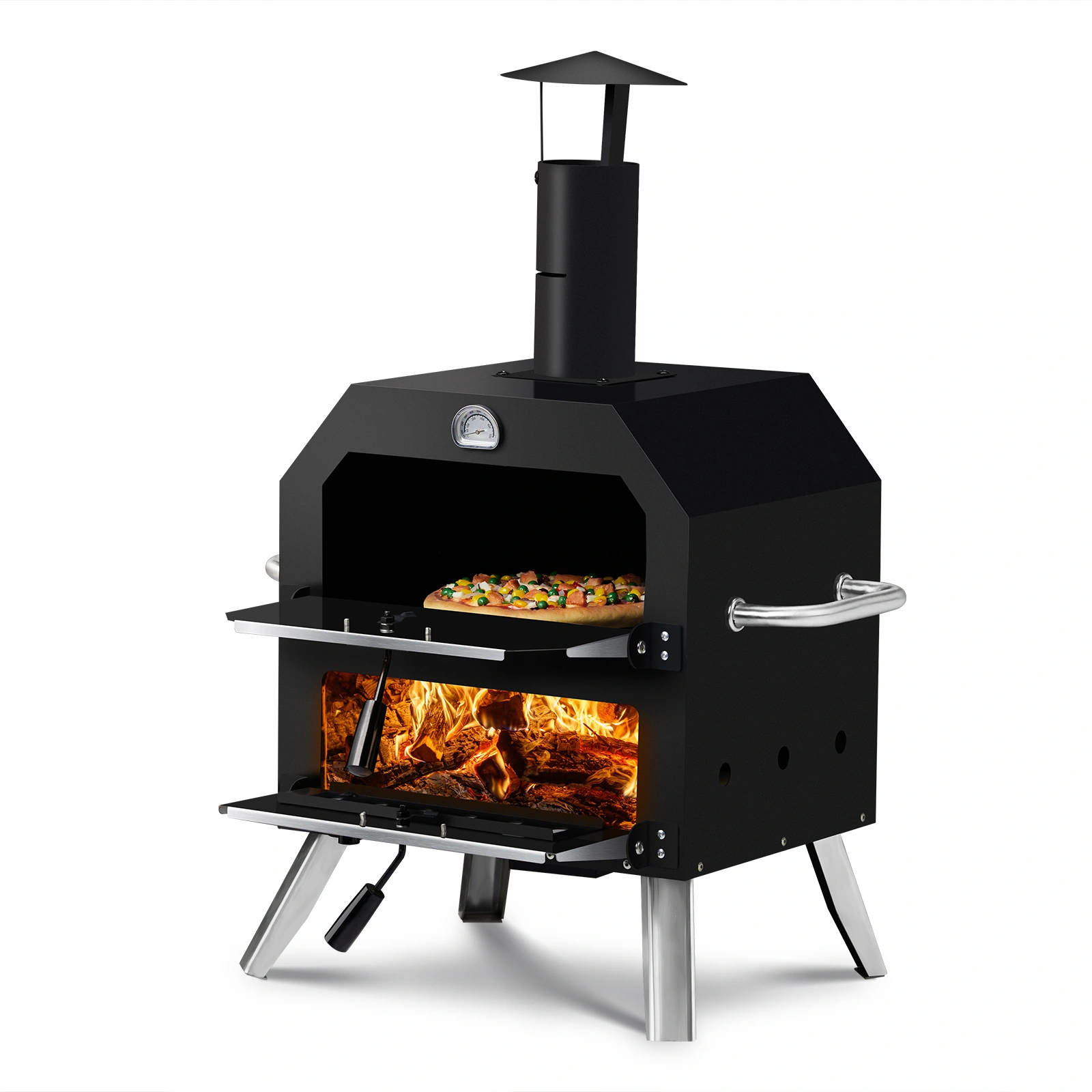 Outdoor Wood Fired Pizza Oven, 2-Layer Pizza Oven with Stone & Removable Cooking Rack, Camping Backyard BBQ Pizza Maker