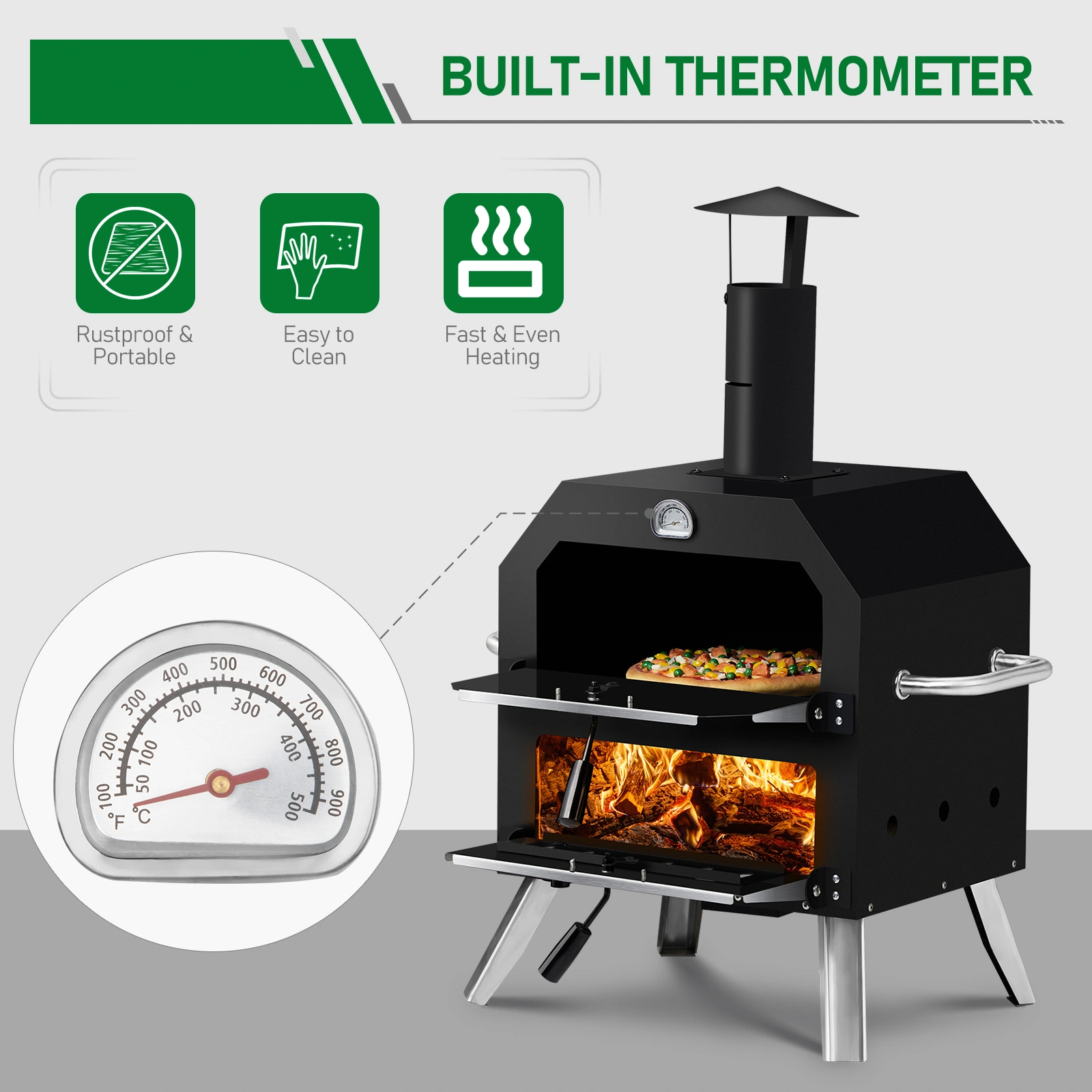 Outdoor Wood Fired Pizza Oven, 2-Layer Pizza Oven with Stone & Removable Cooking Rack, Camping Backyard BBQ Pizza Maker view 11