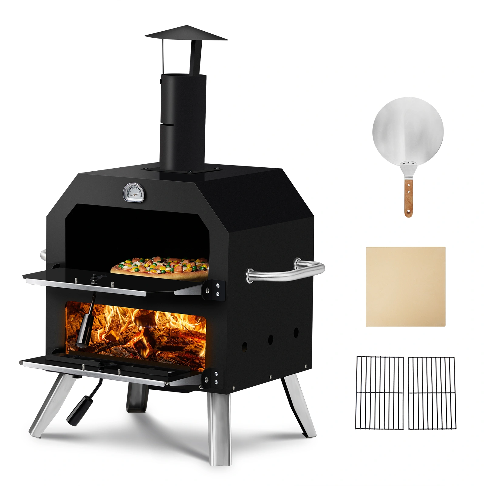 Outdoor Wood Fired Pizza Oven, 2-Layer Pizza Oven with Stone & Removable Cooking Rack, Camping Backyard BBQ Pizza Maker view 2
