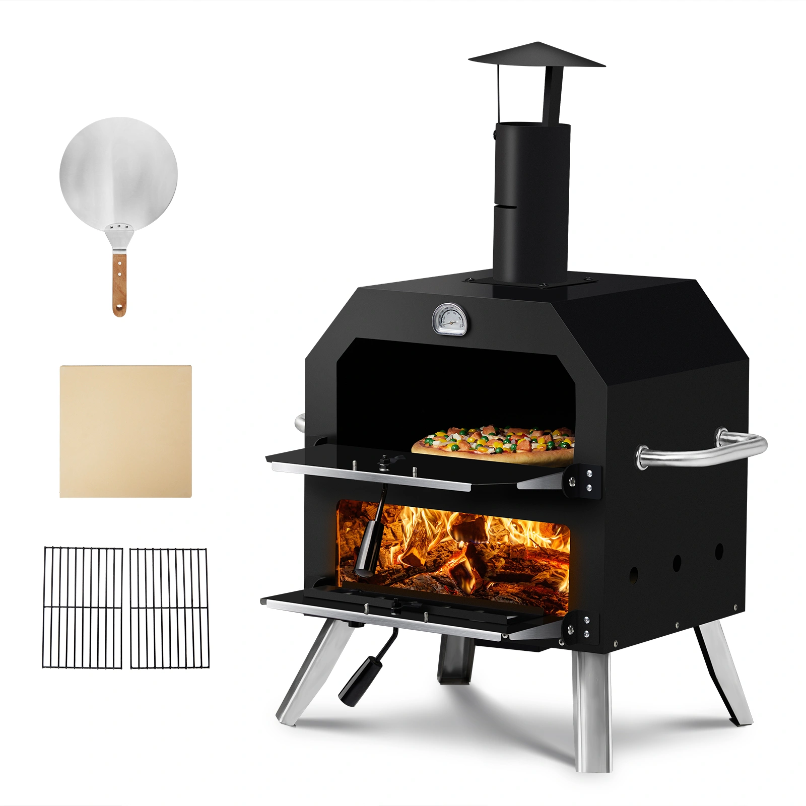 Outdoor Wood Fired Pizza Oven, 2-Layer Pizza Oven with Stone & Removable Cooking Rack, Camping Backyard BBQ Pizza Maker view 3