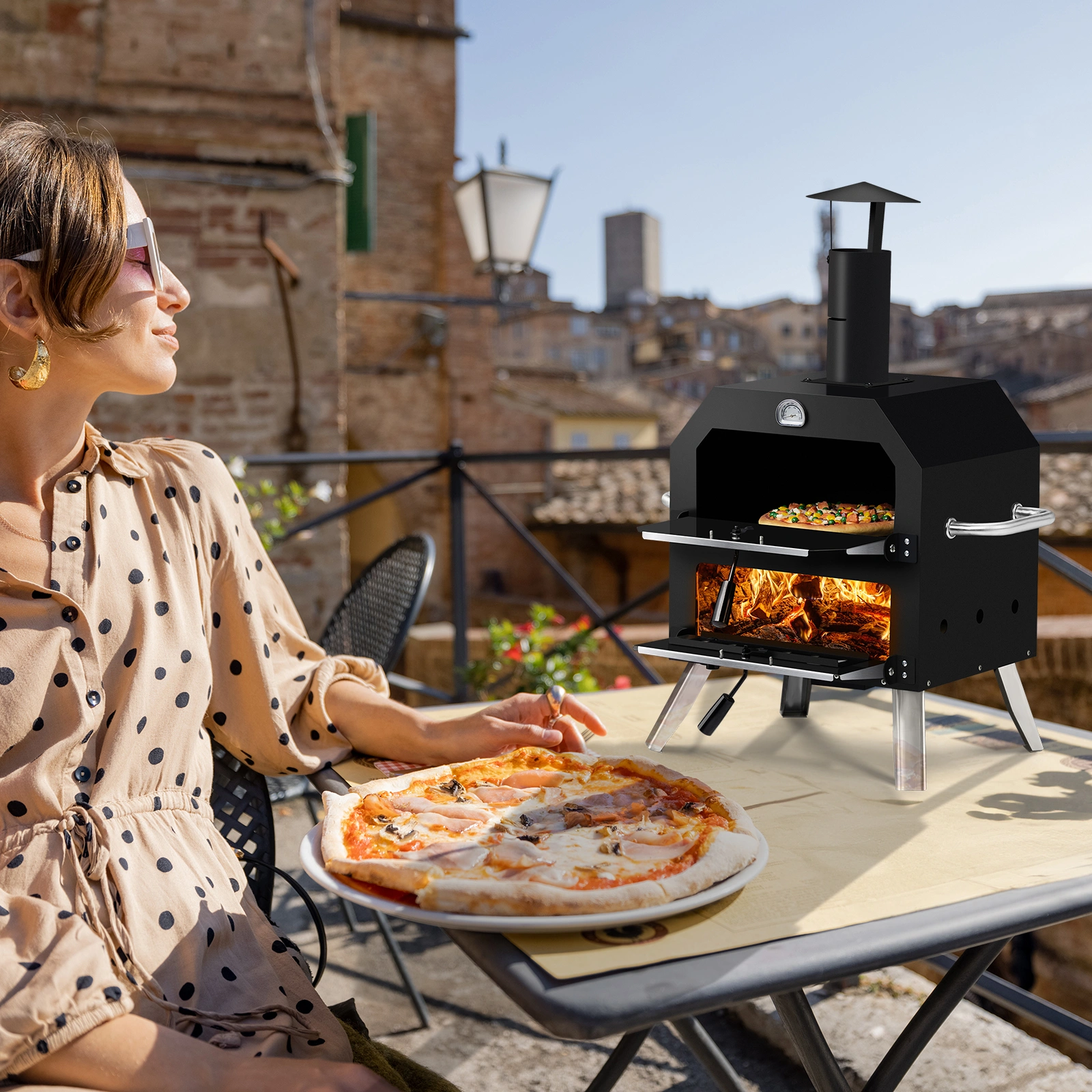 Outdoor Wood Fired Pizza Oven, 2-Layer Pizza Oven with Stone & Removable Cooking Rack, Camping Backyard BBQ Pizza Maker view 4