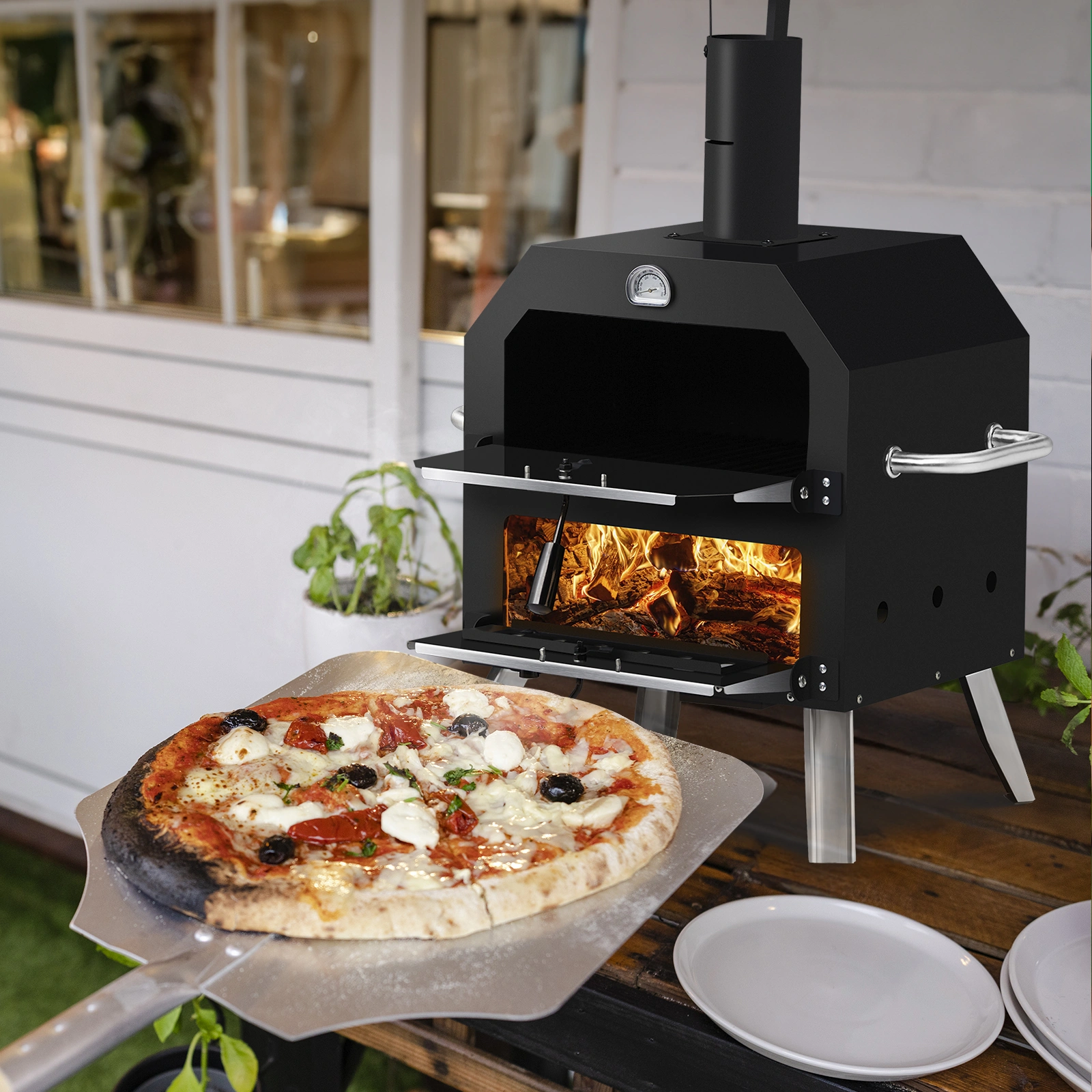 Outdoor Wood Fired Pizza Oven, 2-Layer Pizza Oven with Stone & Removable Cooking Rack, Camping Backyard BBQ Pizza Maker view 5