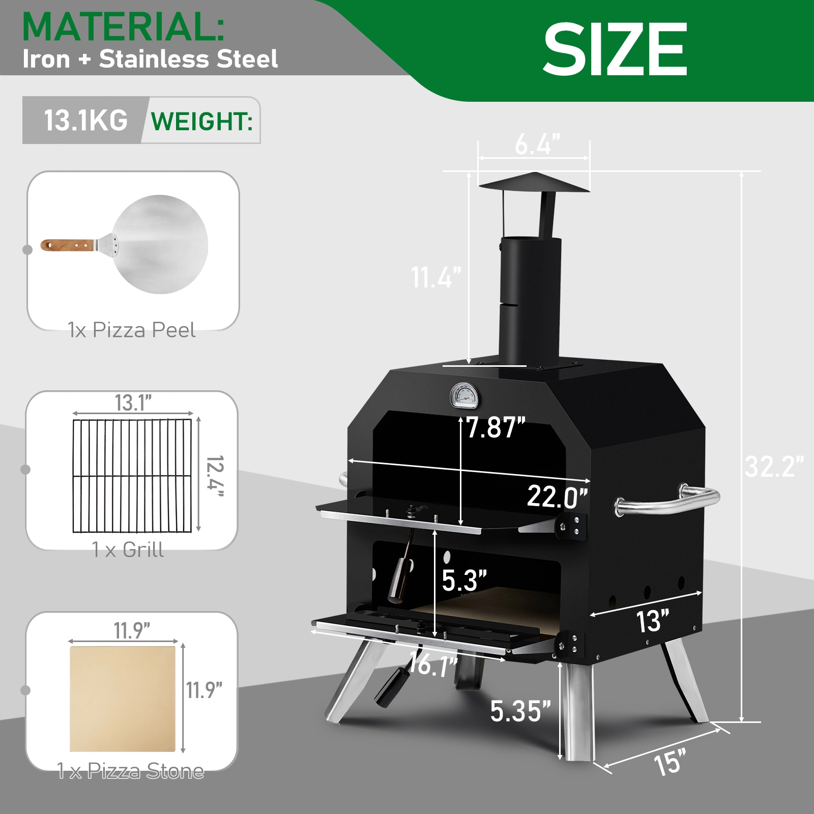 Outdoor Wood Fired Pizza Oven, 2-Layer Pizza Oven with Stone & Removable Cooking Rack, Camping Backyard BBQ Pizza Maker view 6
