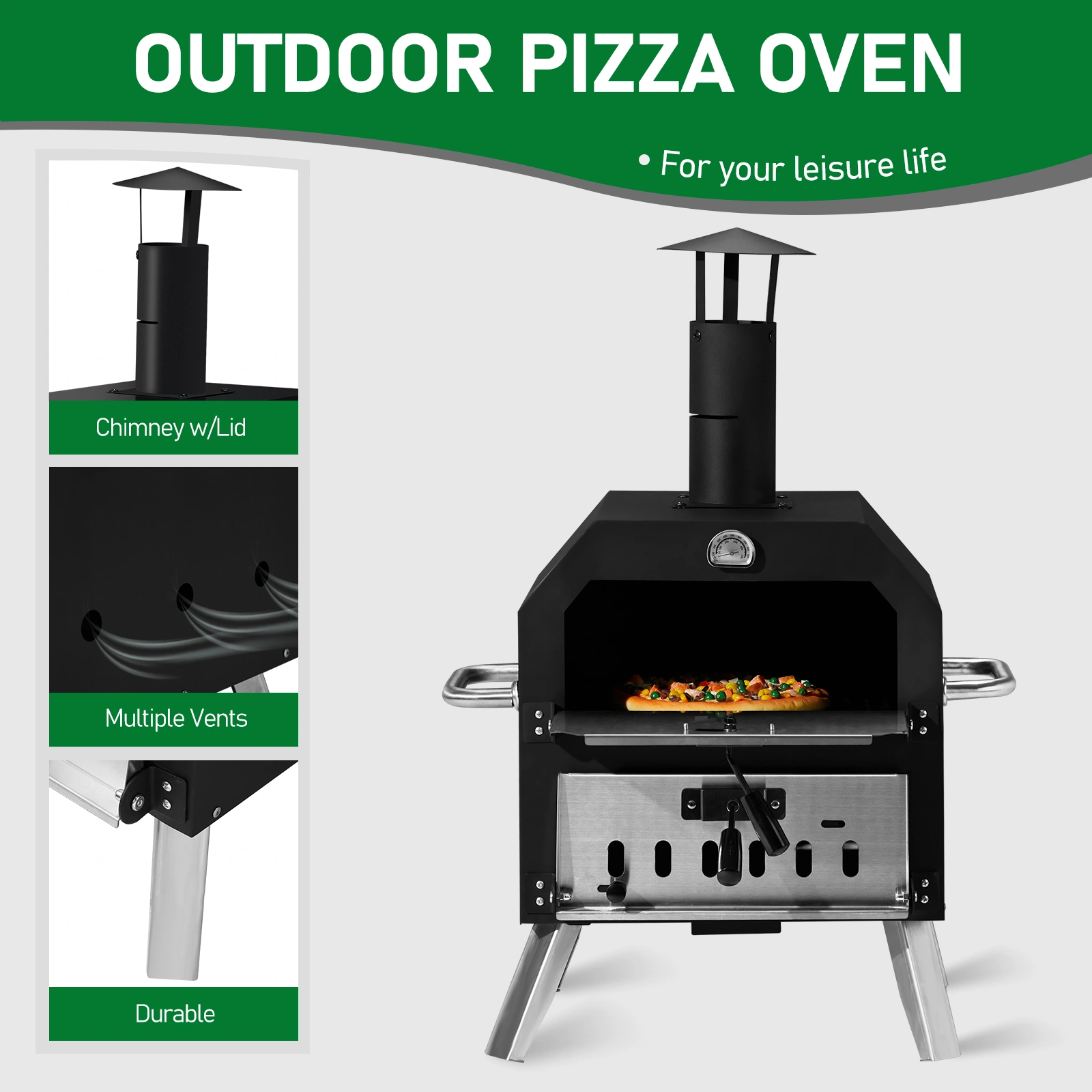 Outdoor Wood Fired Pizza Oven, 2-Layer Pizza Oven with Stone & Removable Cooking Rack, Camping Backyard BBQ Pizza Maker view 8