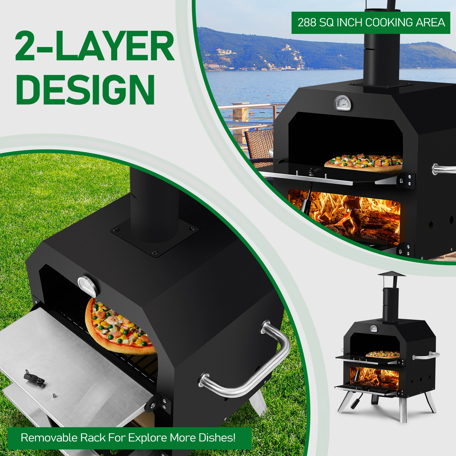 Outdoor Wood Fired Pizza Oven, 2-Layer Pizza Oven with Stone & Removable Cooking Rack, Camping Backyard BBQ Pizza Maker view 9