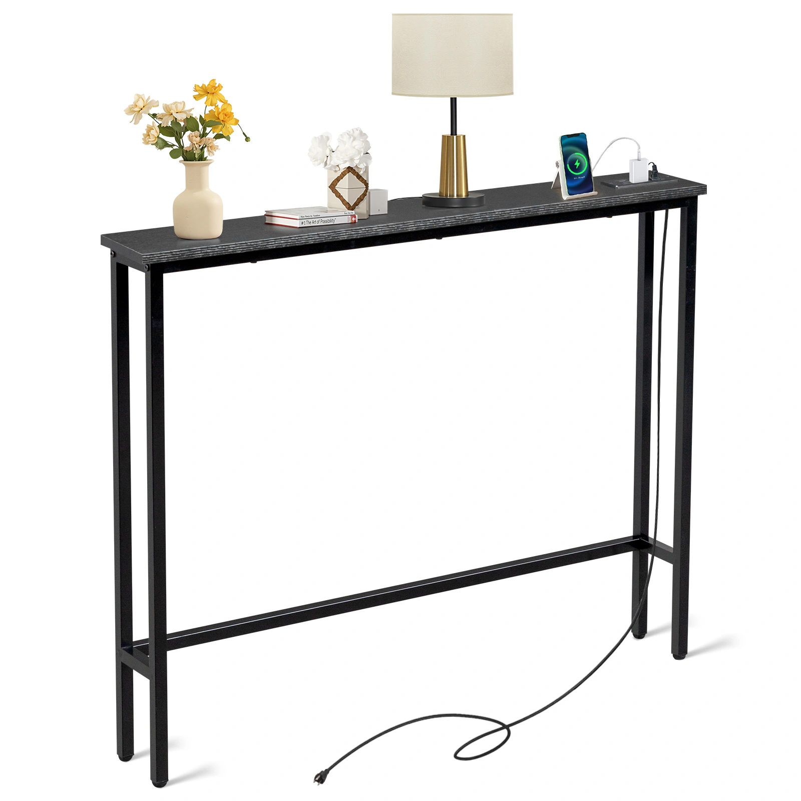 39.4" Narrow Console Sofa Table with Power Outlets and USB Ports, Skinny Couch Table with Metal Frame and Charge Station with 4.9ft Extension Cord, Black
