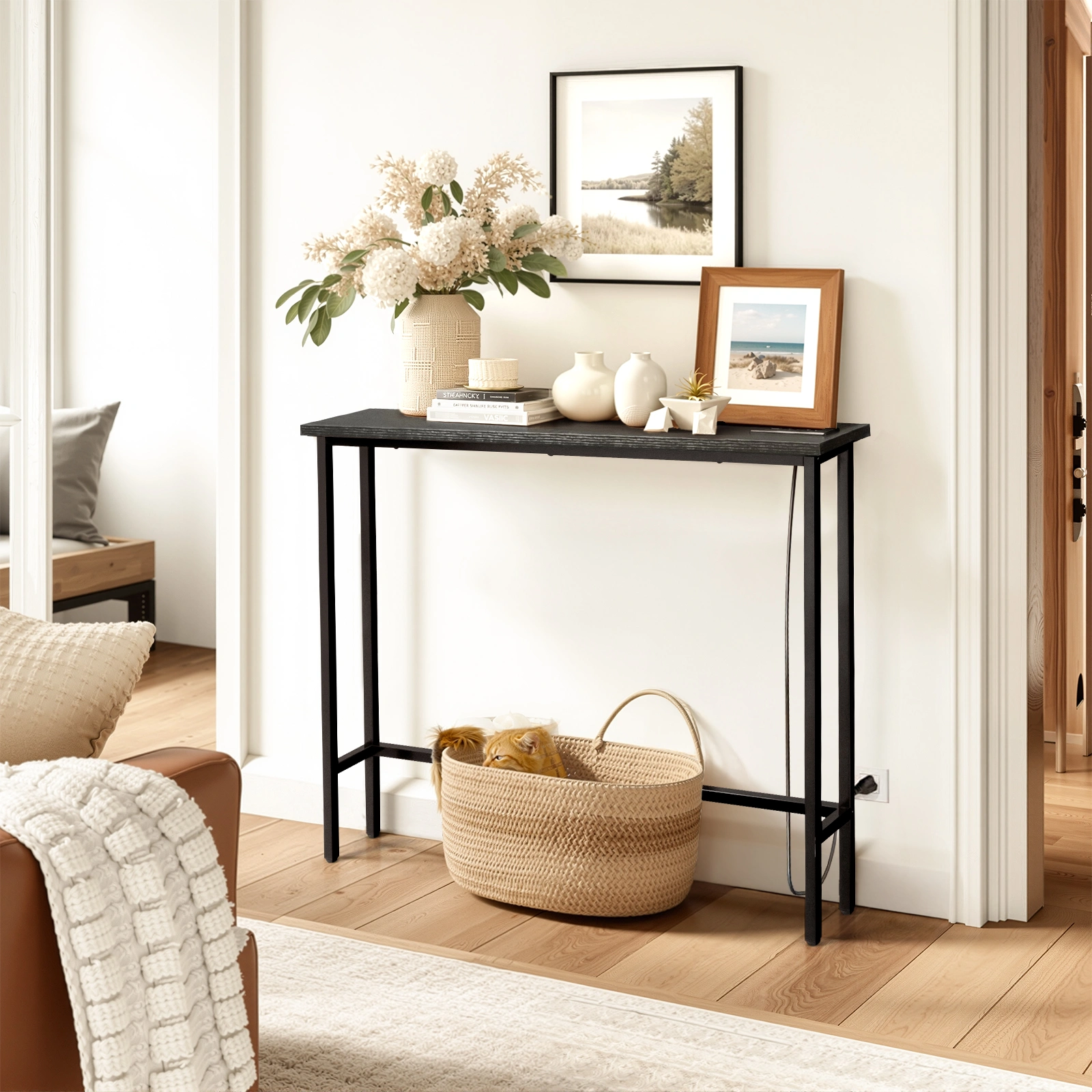 39.4" Narrow Console Sofa Table with Power Outlets and USB Ports, Skinny Couch Table with Metal Frame and Charge Station with 4.9ft Extension Cord, Black view 10