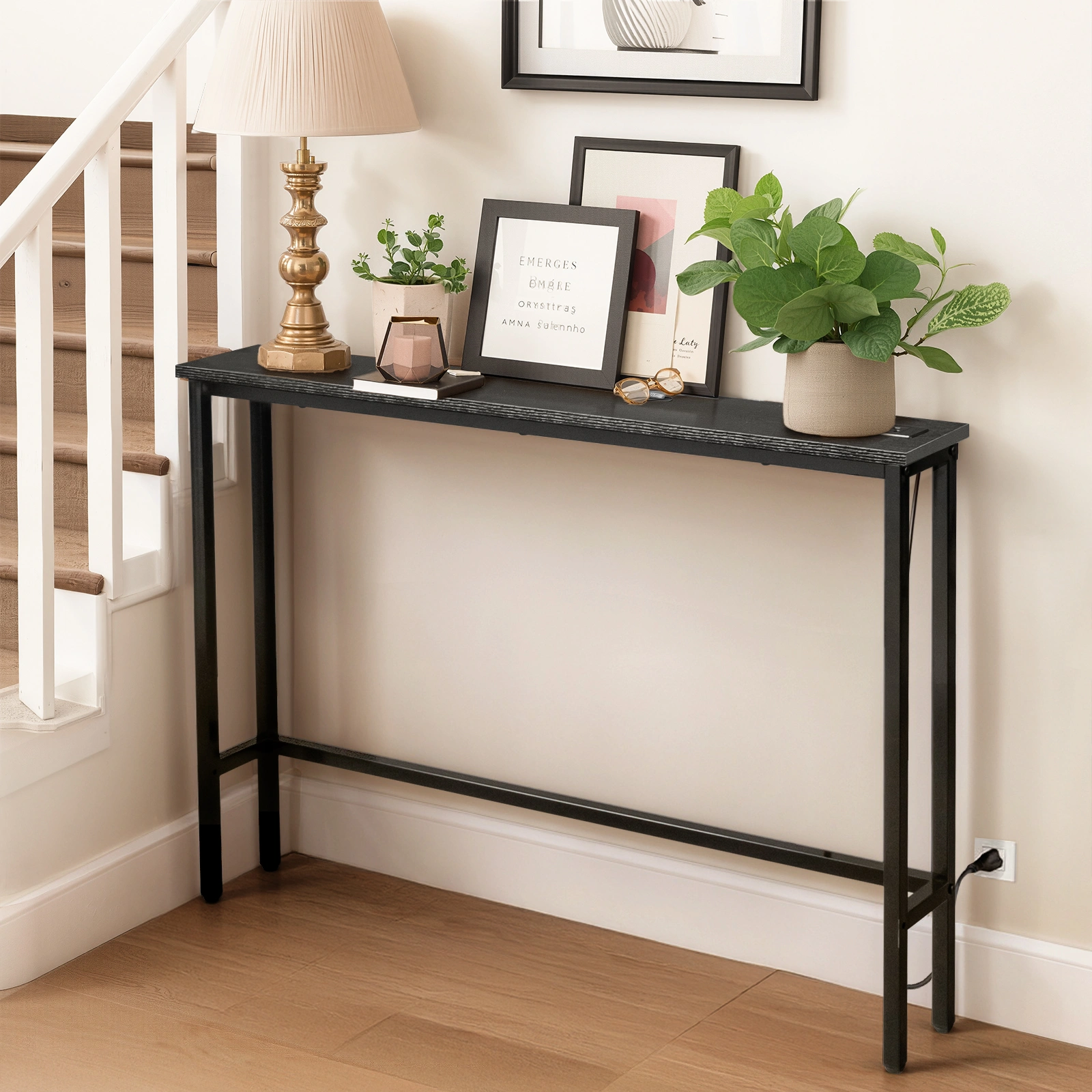 39.4" Narrow Console Sofa Table with Power Outlets and USB Ports, Skinny Couch Table with Metal Frame and Charge Station with 4.9ft Extension Cord, Black view 11