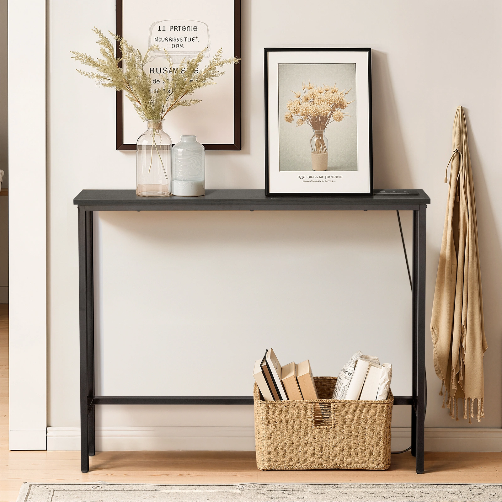 39.4" Narrow Console Sofa Table with Power Outlets and USB Ports, Skinny Couch Table with Metal Frame and Charge Station with 4.9ft Extension Cord, Black view 12