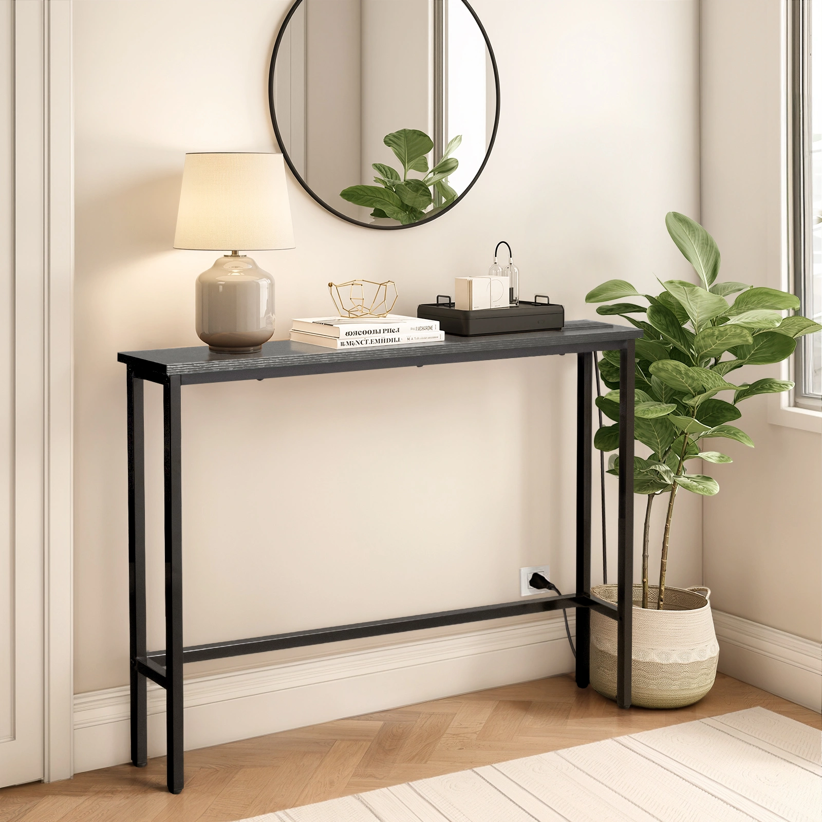 39.4" Narrow Console Sofa Table with Power Outlets and USB Ports, Skinny Couch Table with Metal Frame and Charge Station with 4.9ft Extension Cord, Black view 13