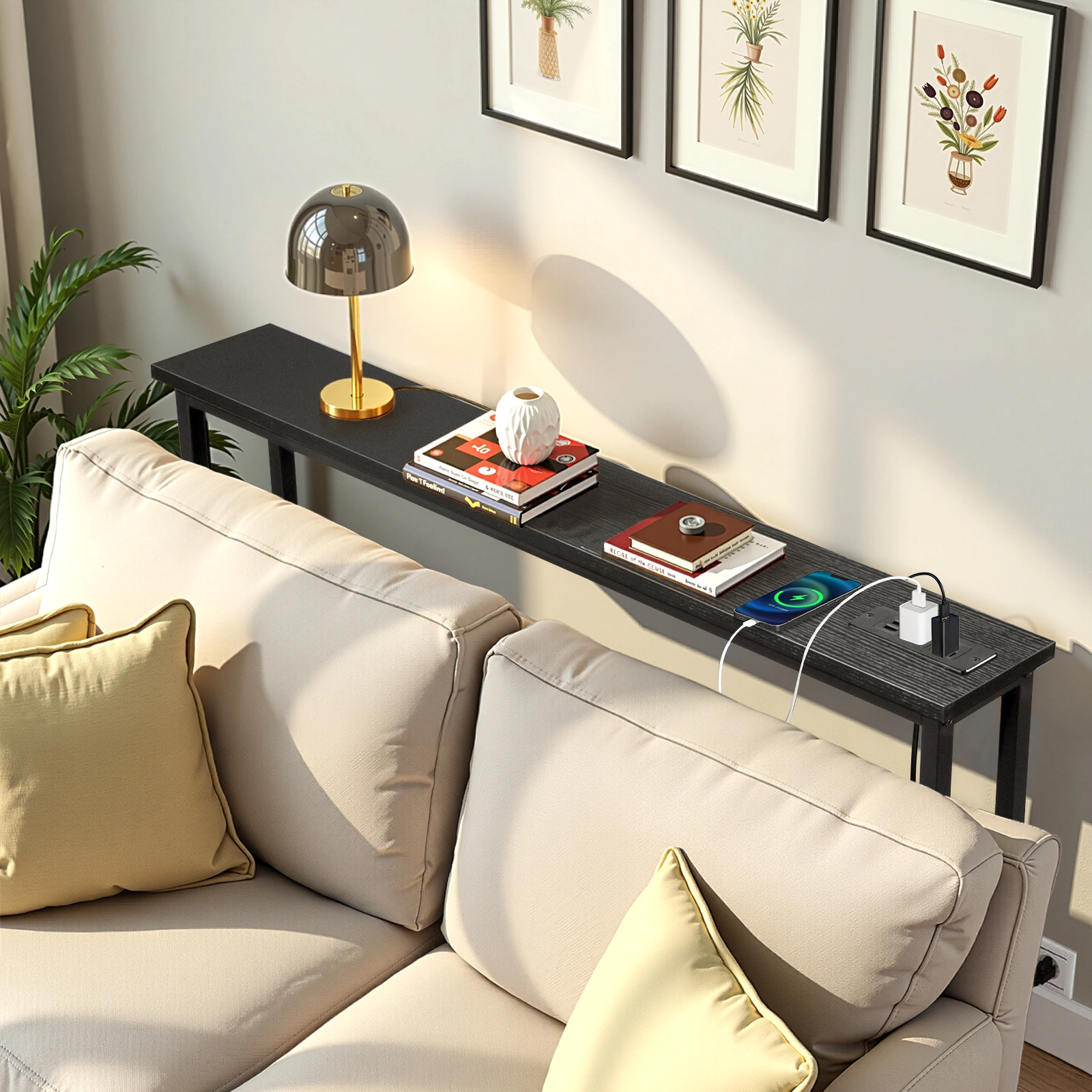 39.4" Narrow Console Sofa Table with Power Outlets and USB Ports, Skinny Couch Table with Metal Frame and Charge Station with 4.9ft Extension Cord, Black view 14