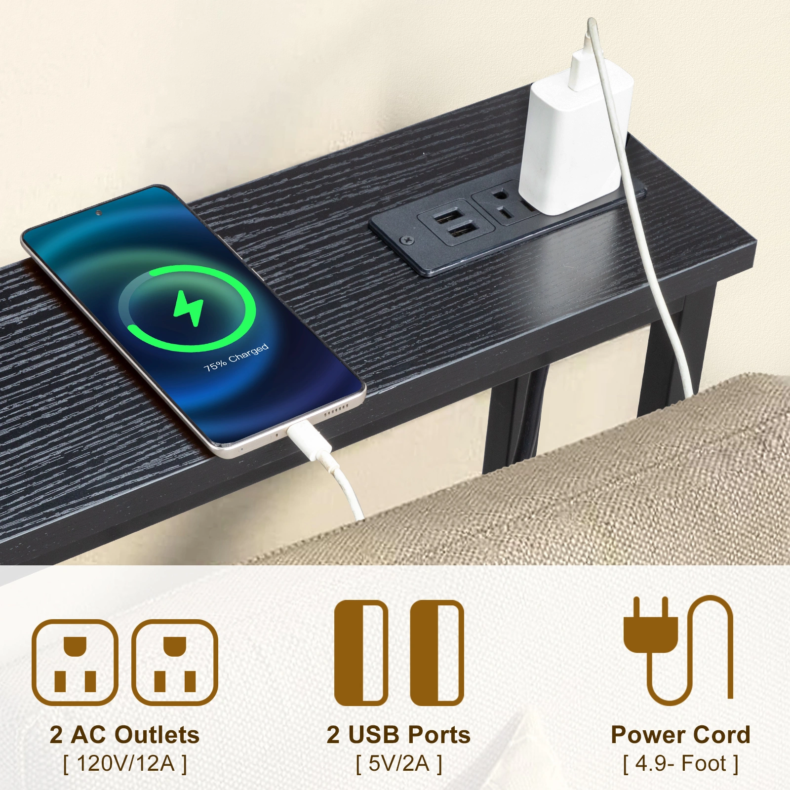 39.4" Narrow Console Sofa Table with Power Outlets and USB Ports, Skinny Couch Table with Metal Frame and Charge Station with 4.9ft Extension Cord, Black view 3