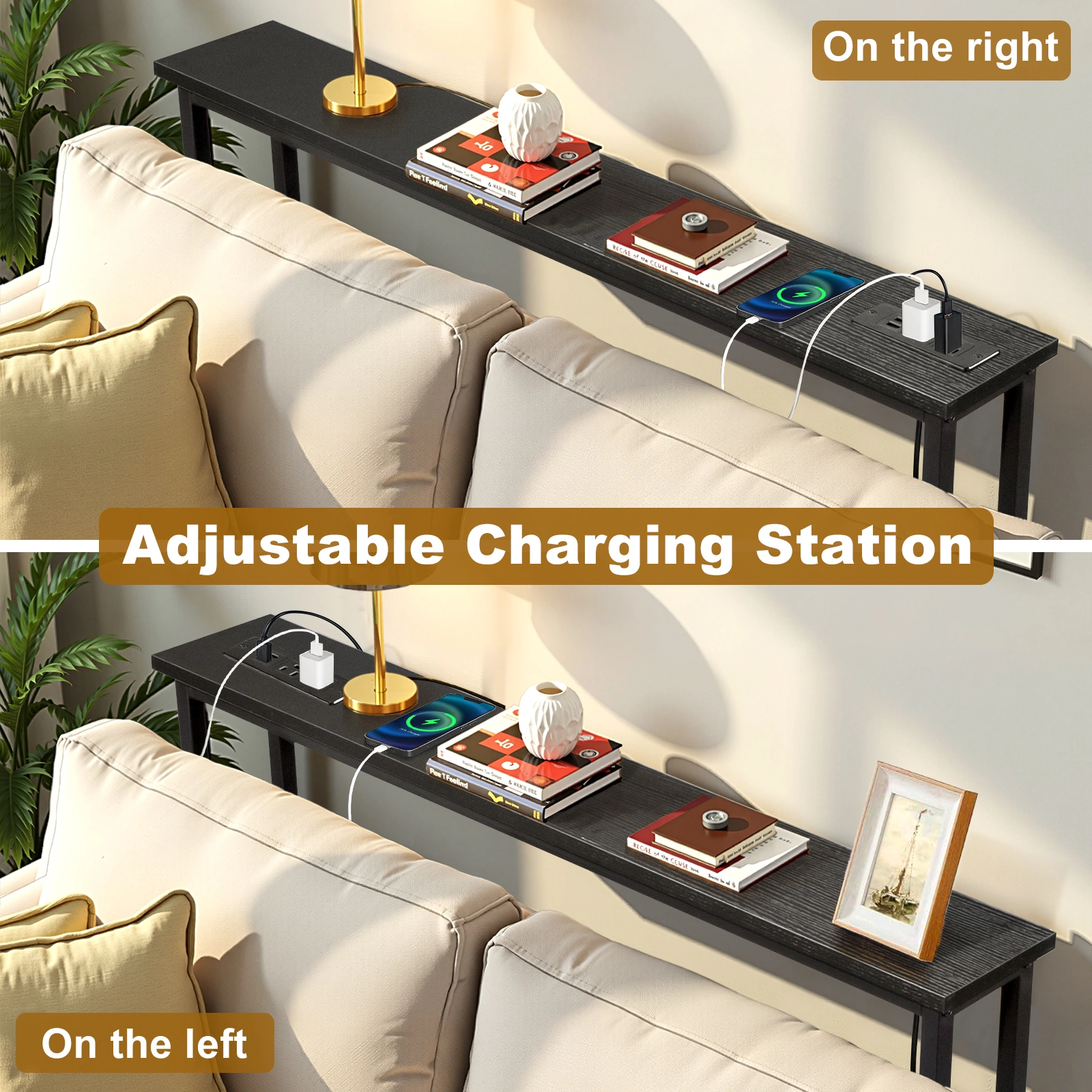 39.4" Narrow Console Sofa Table with Power Outlets and USB Ports, Skinny Couch Table with Metal Frame and Charge Station with 4.9ft Extension Cord, Black view 4