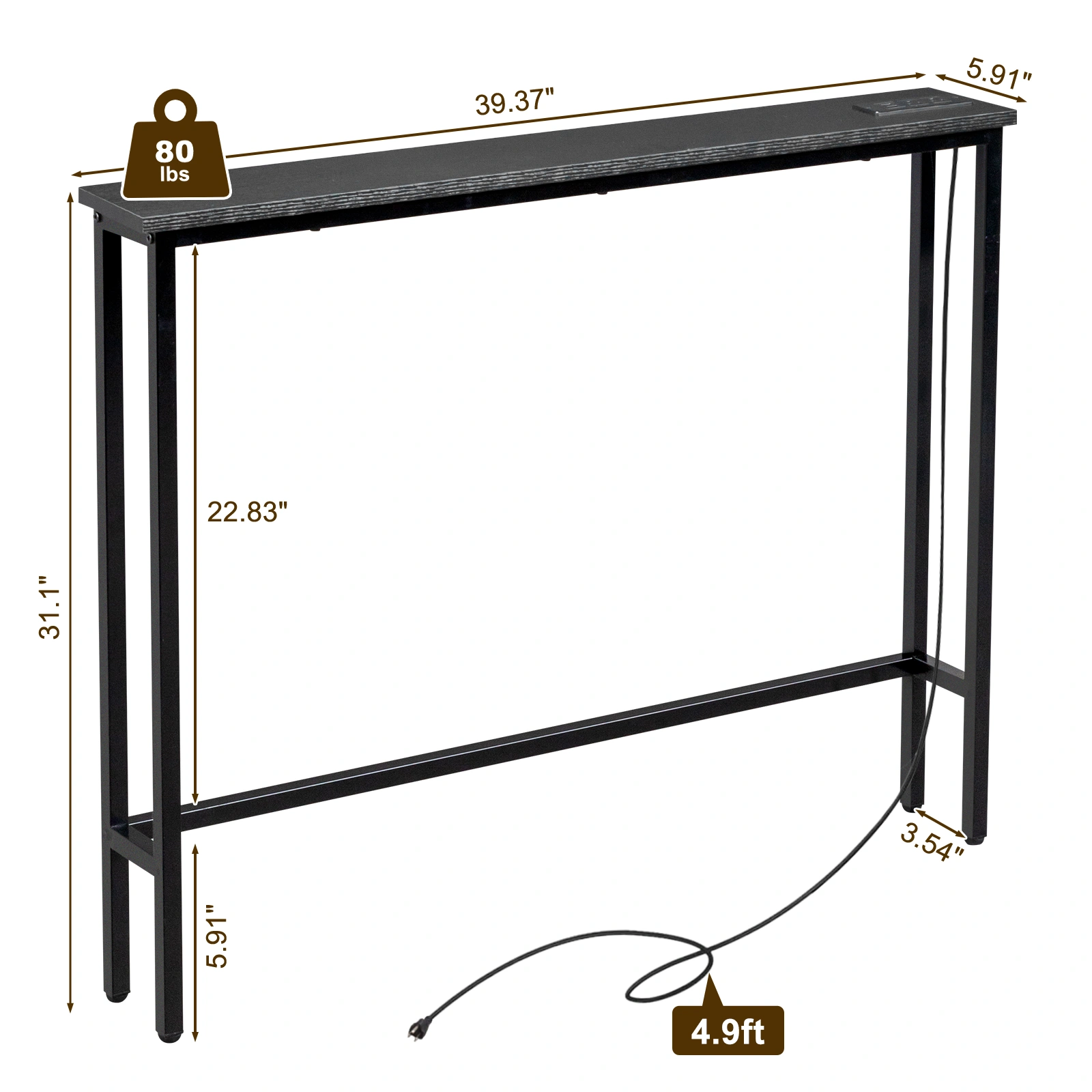 39.4" Narrow Console Sofa Table with Power Outlets and USB Ports, Skinny Couch Table with Metal Frame and Charge Station with 4.9ft Extension Cord, Black view 8