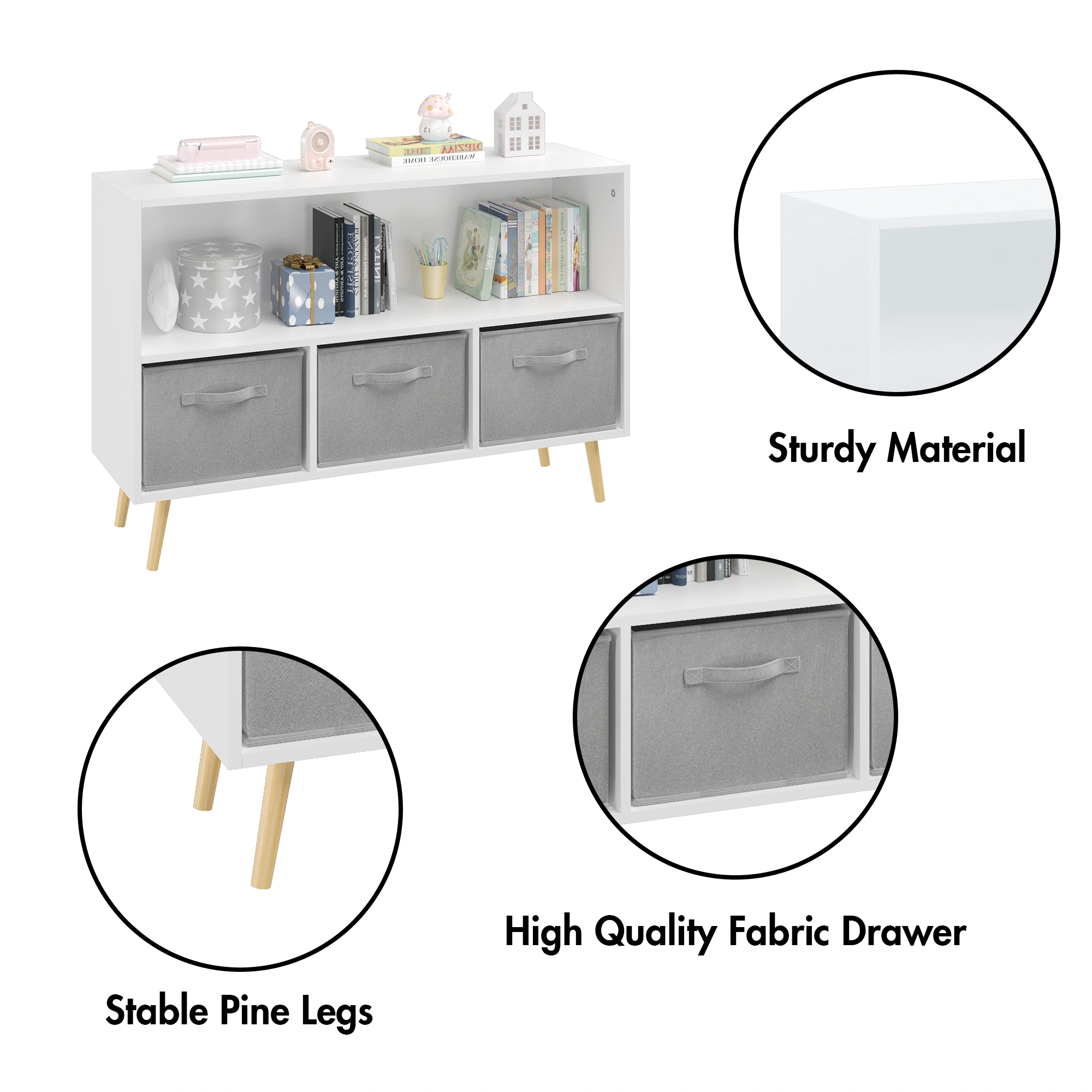 Kids Bookcase with Collapsible Fabric Drawers, Children's Book Display & Toy Storage Cabinet Organizer, White/Gray view 12