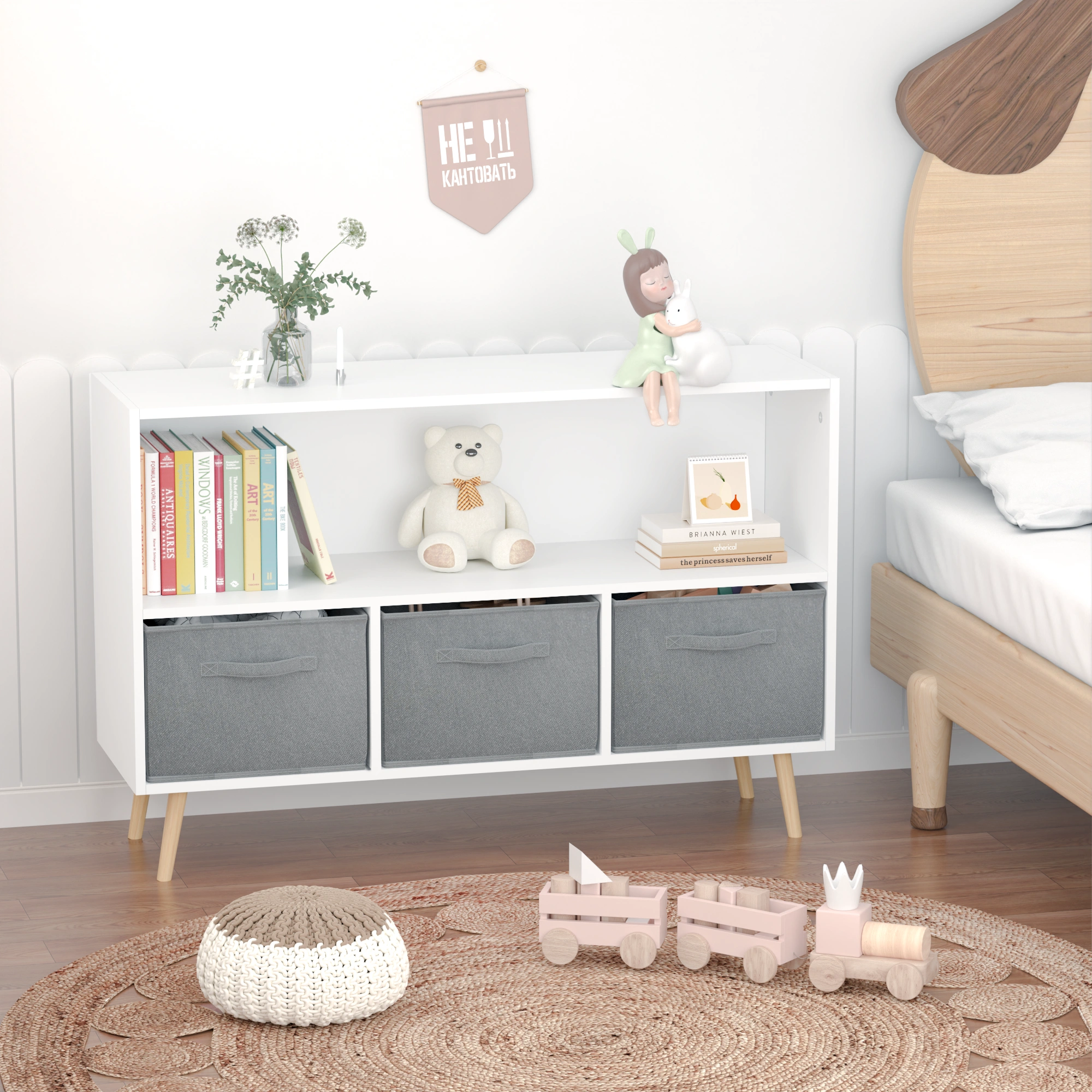 Kids Bookcase with Collapsible Fabric Drawers, Children's Book Display & Toy Storage Cabinet Organizer, White/Gray view 15