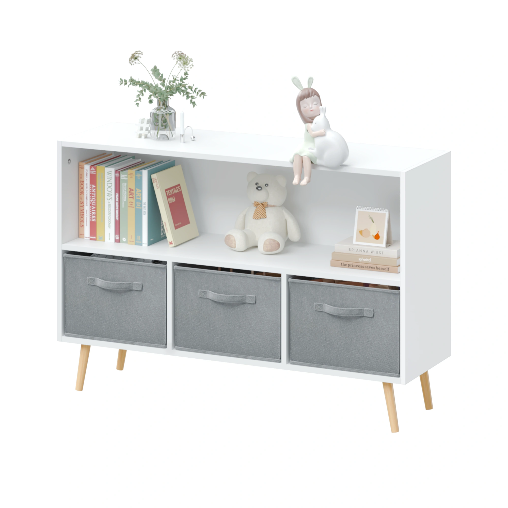 Kids Bookcase with Collapsible Fabric Drawers, Children's Book Display & Toy Storage Cabinet Organizer, White/Gray view 16
