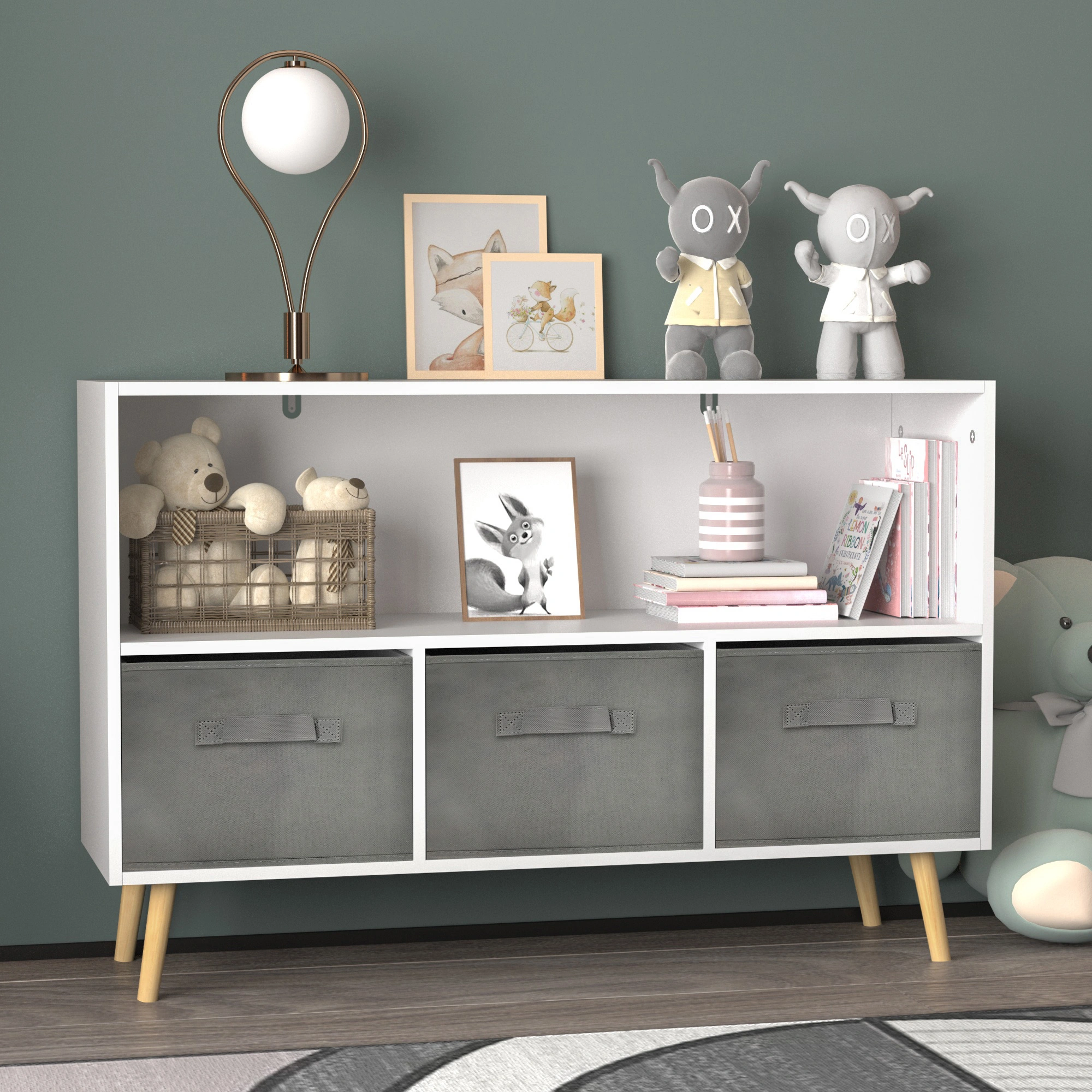 Kids Bookcase with Collapsible Fabric Drawers, Children's Book Display & Toy Storage Cabinet Organizer, White/Gray view 20