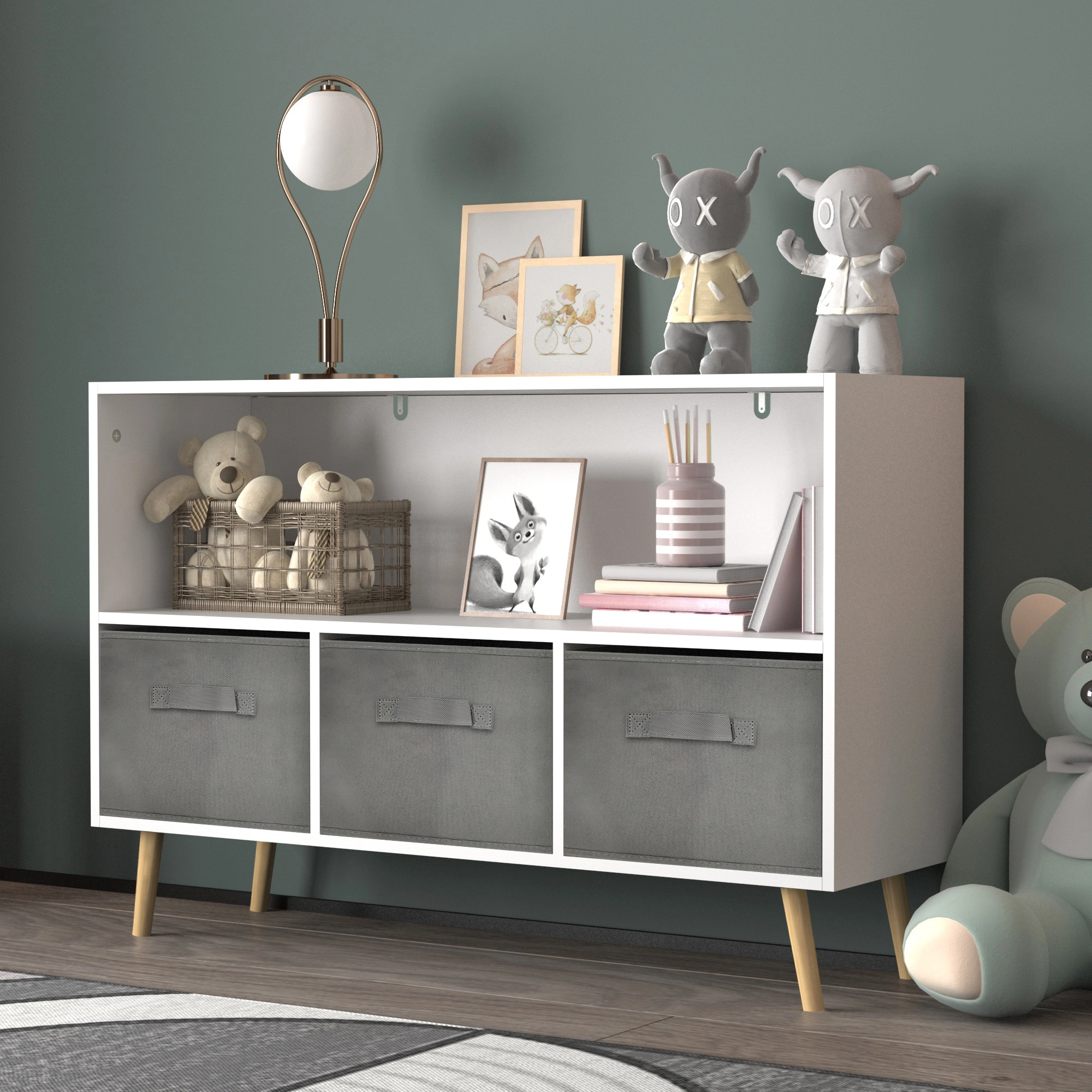 Kids Bookcase with Collapsible Fabric Drawers, Children's Book Display & Toy Storage Cabinet Organizer, White/Gray view 23