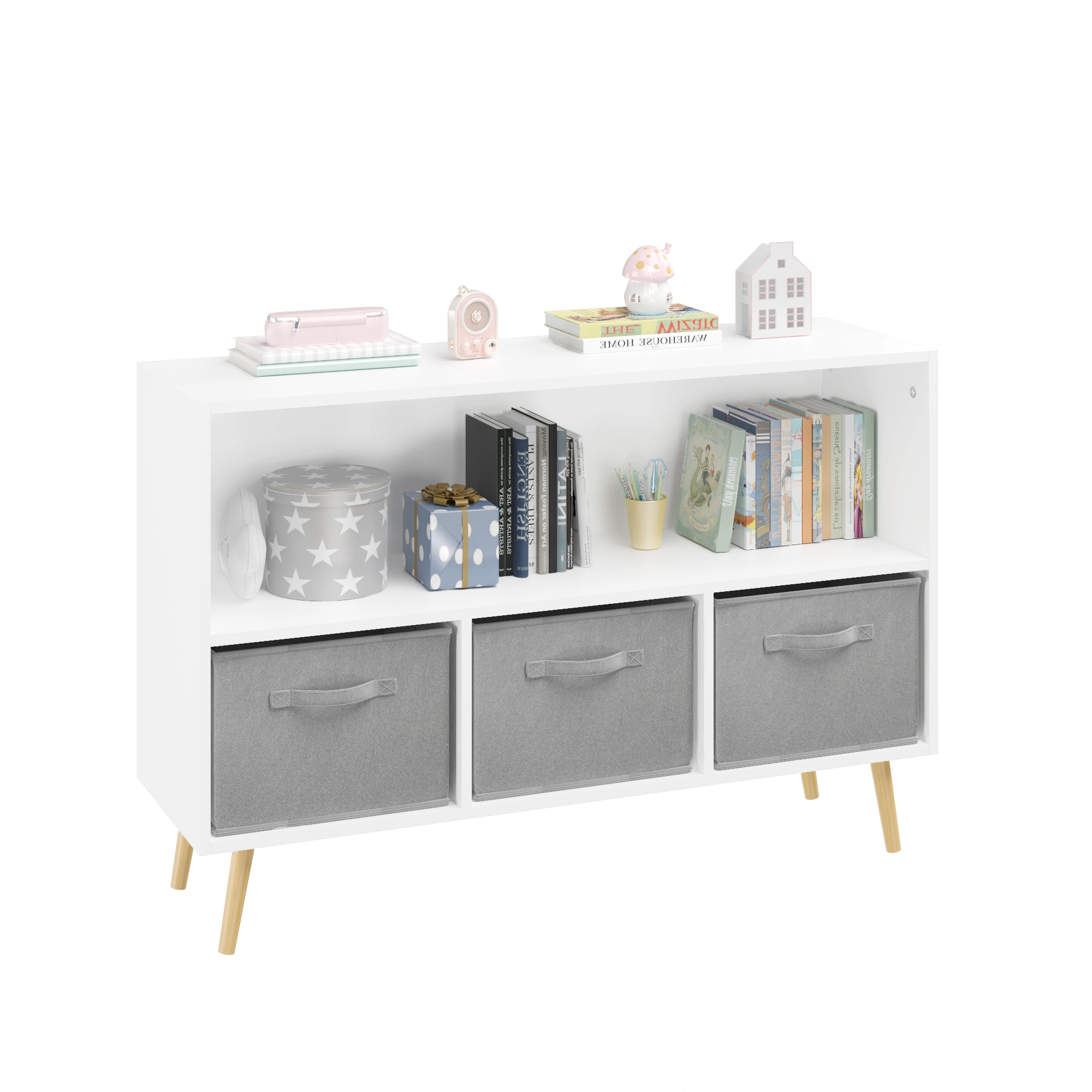 Kids Bookcase with Collapsible Fabric Drawers, Children's Book Display & Toy Storage Cabinet Organizer, White/Gray view 25